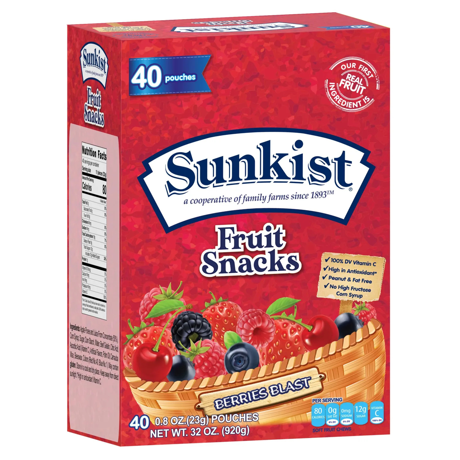 Berry Blast - Peanut, Fat, High Fructose Corn Syrup Free Mixed Fruit Gummies Box - Fruit Snacks with Mixed Berry Flavors - Juicy Fruit Gummy Candy Bulk by Kervan (40 Pouches)