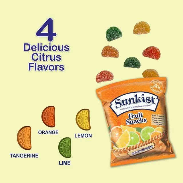 Sour Citrus - Peanut, Fat, High Fructose Corn Syrup Free Mixed Fruit Gummies Box - Fruit Snacks with Mixed Berry Flavors - Juicy Gummy Candy Bulk by Kervan (40 Pouches)