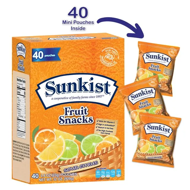Sour Citrus - Peanut, Fat, High Fructose Corn Syrup Free Mixed Fruit Gummies Box - Fruit Snacks with Mixed Berry Flavors - Juicy Gummy Candy Bulk by Kervan (40 Pouches)