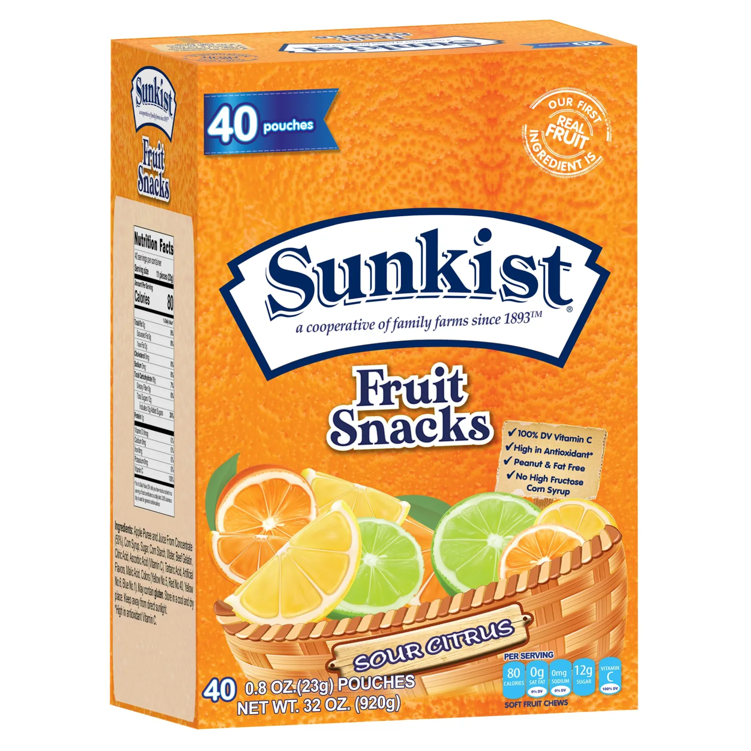 Sour Citrus - Peanut, Fat, High Fructose Corn Syrup Free Mixed Fruit Gummies Box - Fruit Snacks with Mixed Berry Flavors - Juicy Gummy Candy Bulk by Kervan (40 Pouches)