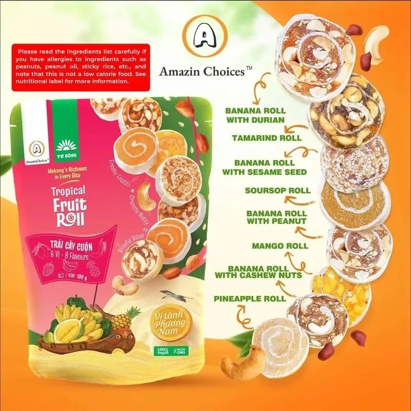 Amazin Choices Fruit Roll-Ups – Premium Vietnamese Fruit Swirl Snacks, Non-GMO, Vegan – Assorted Flavors, Delicious Premium Snacks for Everyone - 3.5oz