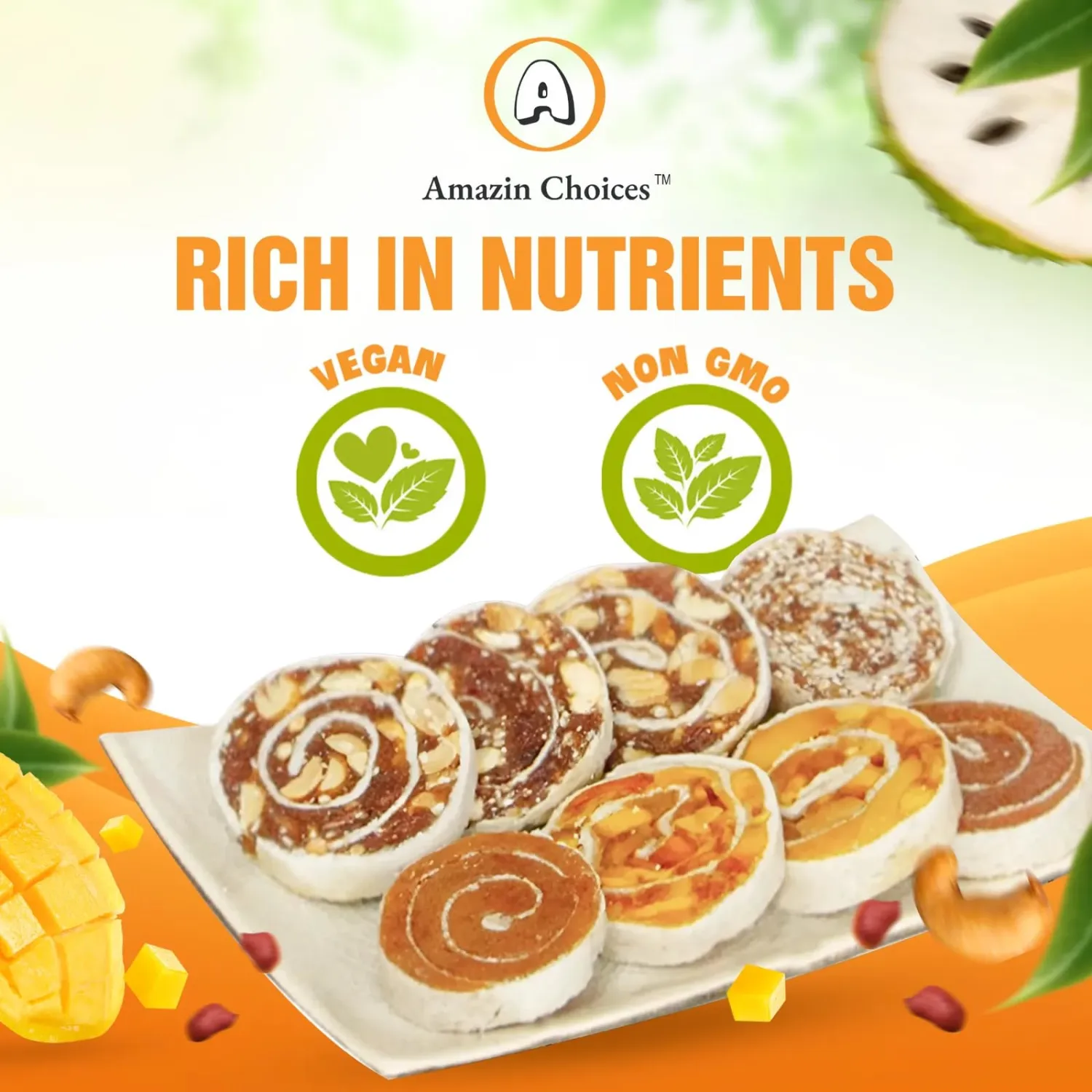 Amazin Choices Fruit Roll-Ups – Premium Vietnamese Fruit Swirl Snacks, Non-GMO, Vegan – Assorted Flavors, Delicious Premium Snacks for Everyone - 3.5oz