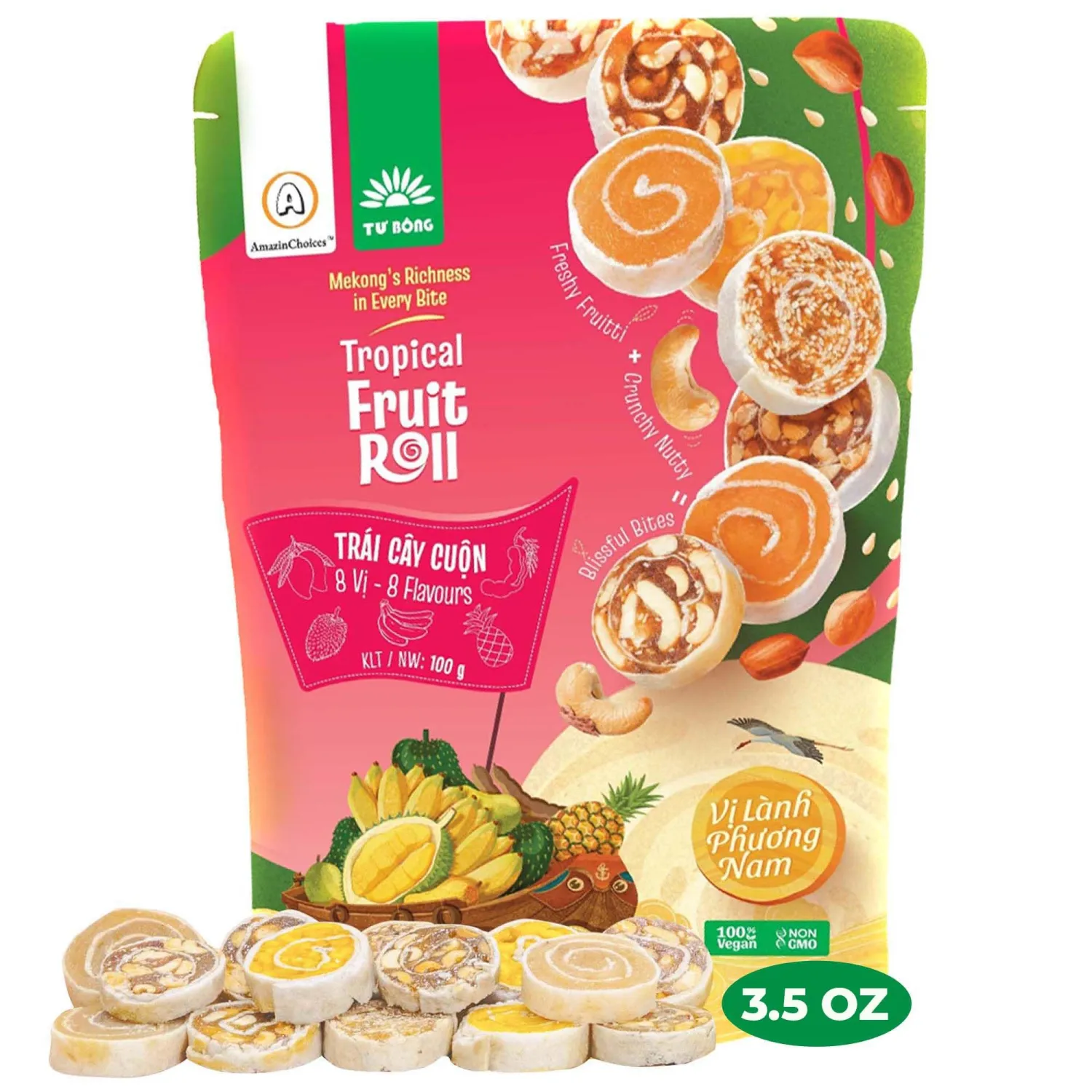 Amazin Choices Fruit Roll-Ups – Premium Vietnamese Fruit Swirl Snacks, Non-GMO, Vegan – Assorted Flavors, Delicious Premium Snacks for Everyone - 3.5oz