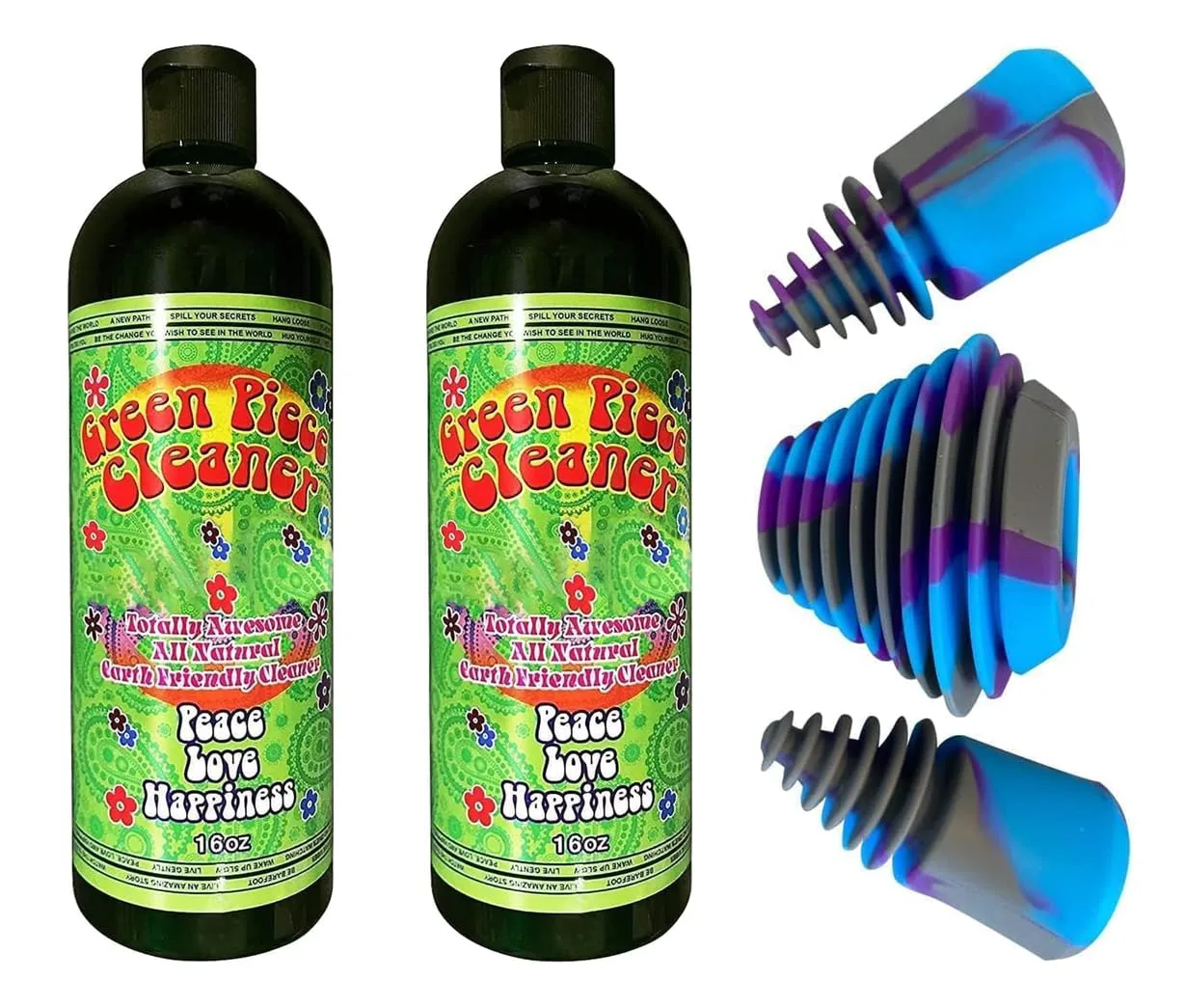 Green Piece® Glass Cleaner 2 Bottles -16 oz with 1Purple Psychedelic Plug Set - Excellent for Cleaning and Smell Proofing