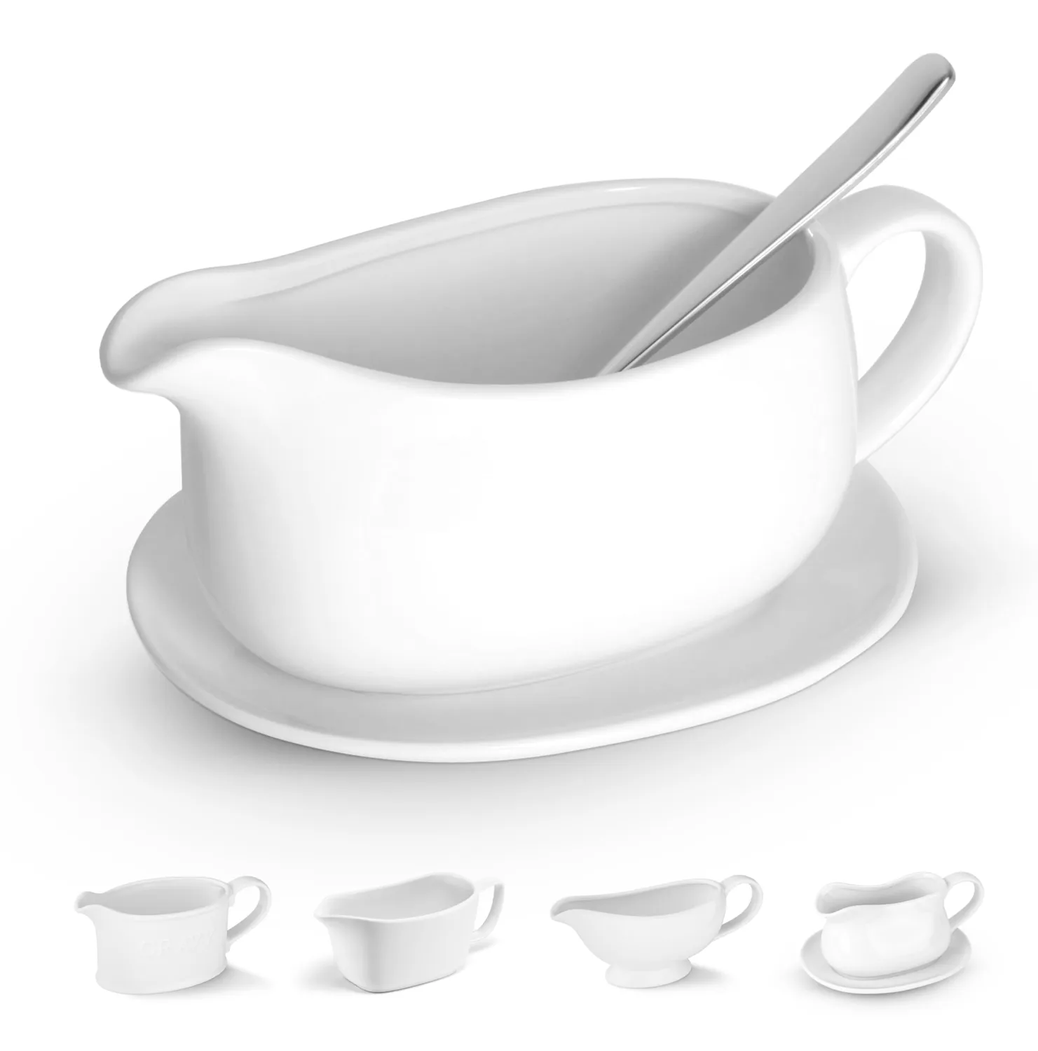 Kook Gravy Boat & Saucer, Ceramic Serving Dish, Dispenser with Tray for Sauces, Dressings and Creamer, Large Handle, Microwave and Dishwasher Safe, White 23.8 oz (Gravy Boat with Spoon)