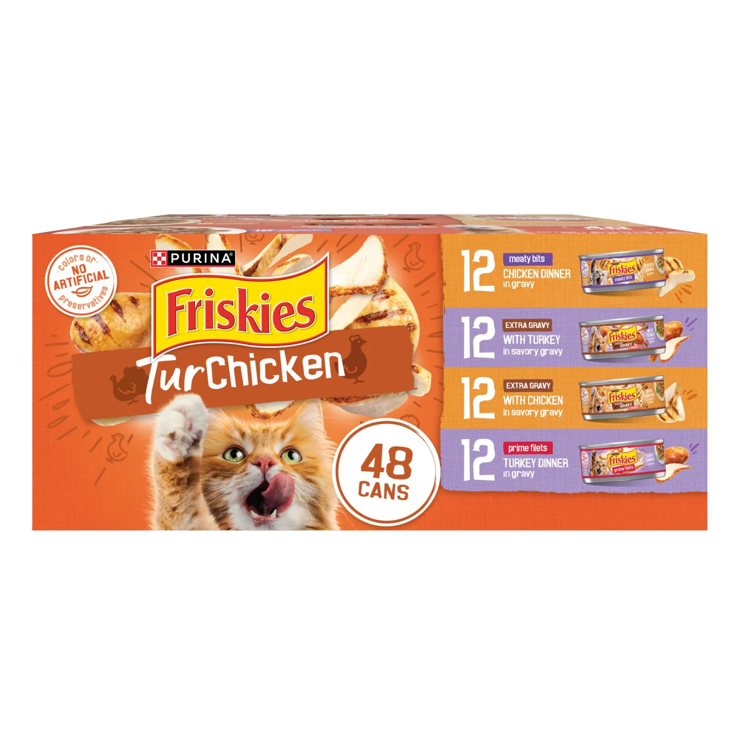 Purina Friskies Wet Cat Food Gravy Variety Pack, TurChicken Extra Gravy Chunky, Meaty Bits and Prime Filets - 48 ct. Can