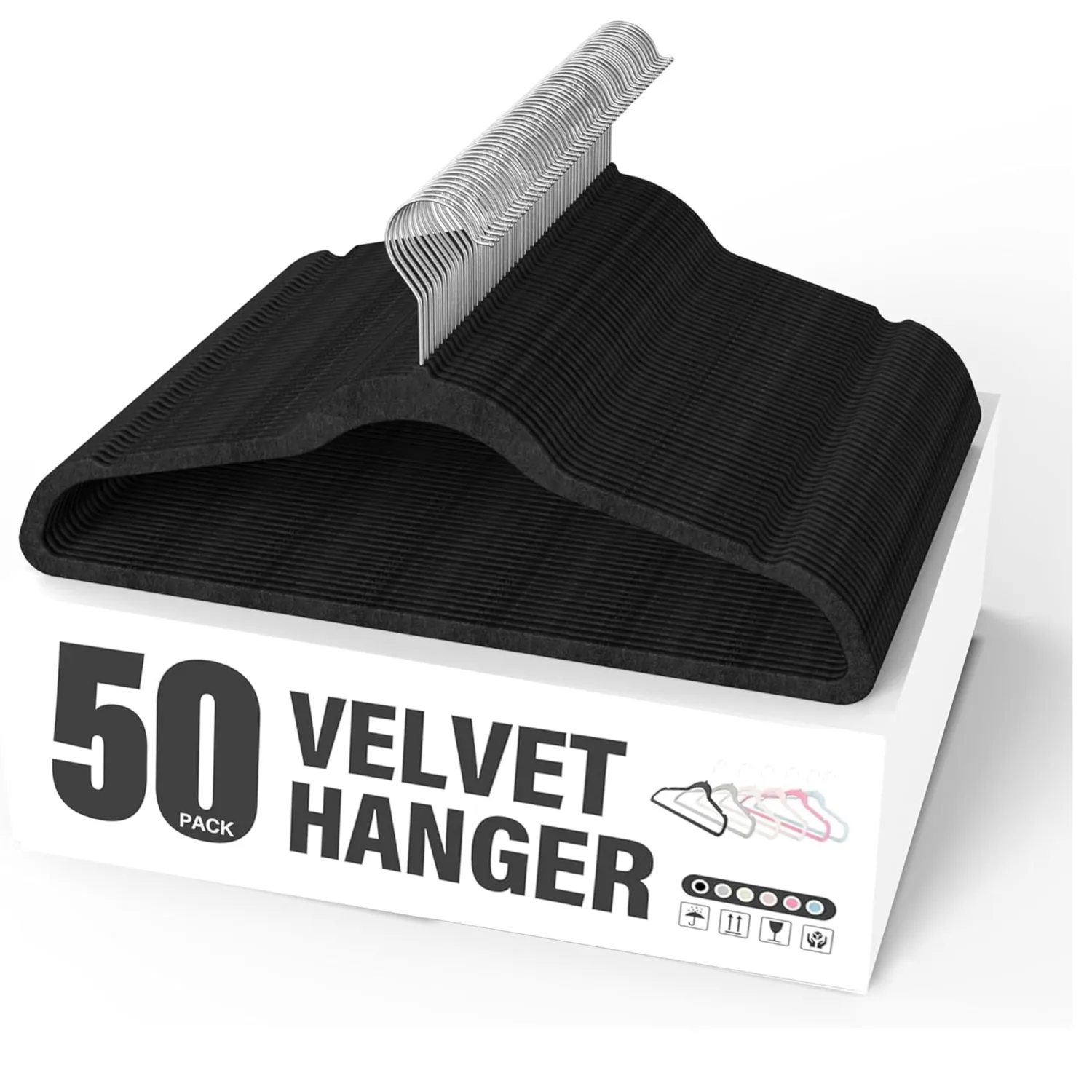 Simple Deluxe 50 Pack Velvet Hangers, 360° Swivel Hook, Non-Slip Heavy Duty Hanger Set with Shoulder Notches, for Coat, Pants & Dress, Black