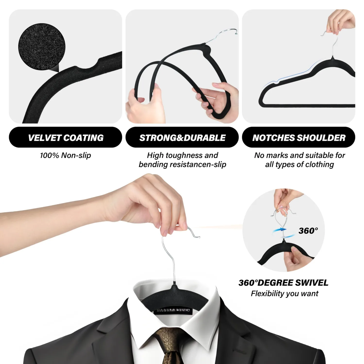 Simple Deluxe 50 Pack Velvet Hangers, 360° Swivel Hook, Non-Slip Heavy Duty Hanger Set with Shoulder Notches, for Coat, Pants & Dress, Black