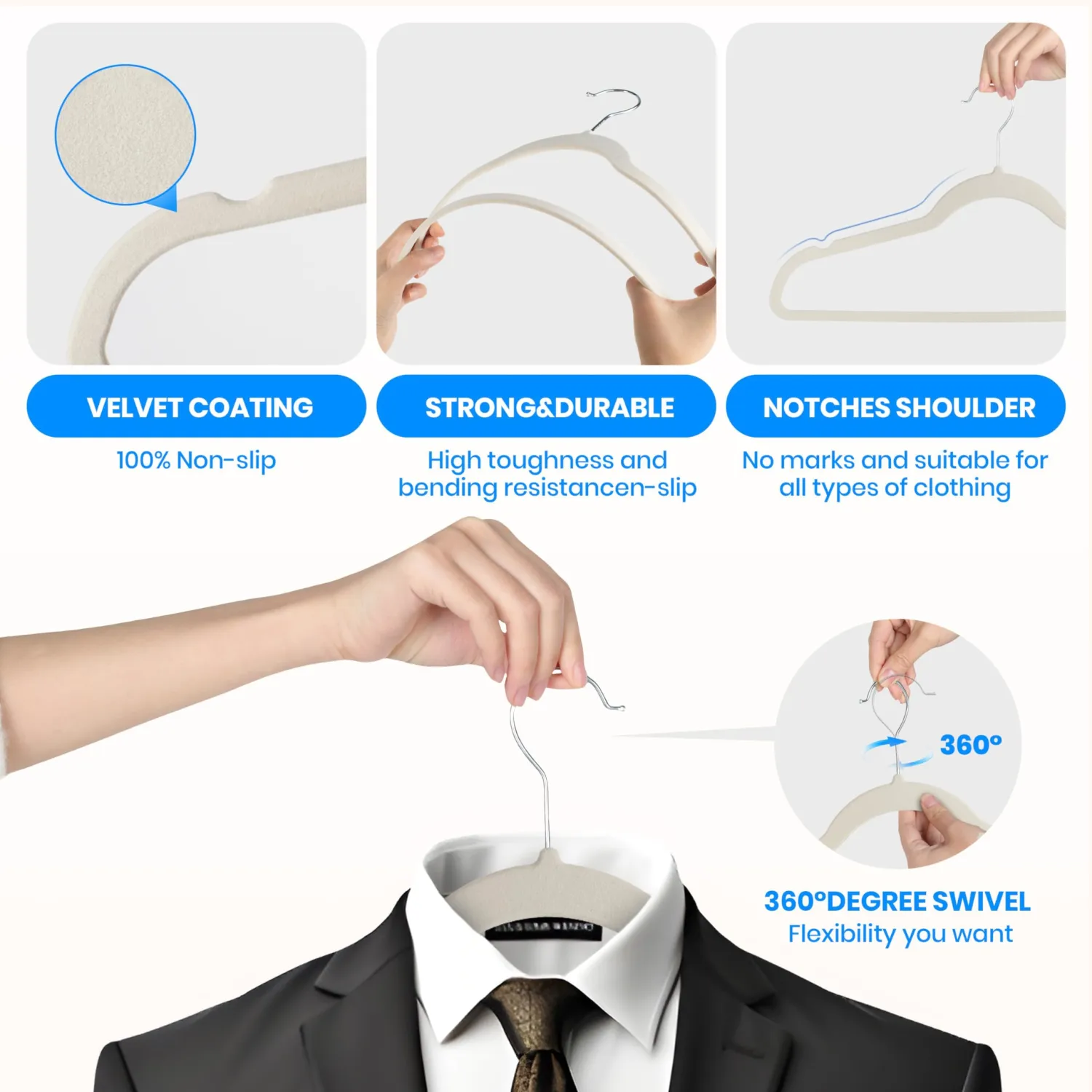 Simple Deluxe Velvet Hangers 30 Pack, Space Saving Heavy Duty Clothes Hangers, Non-Slip Closet Hanger for Coat, Sweater, Suit and Shirt with Shoulder Notches, 360° Swivel Hooks, White