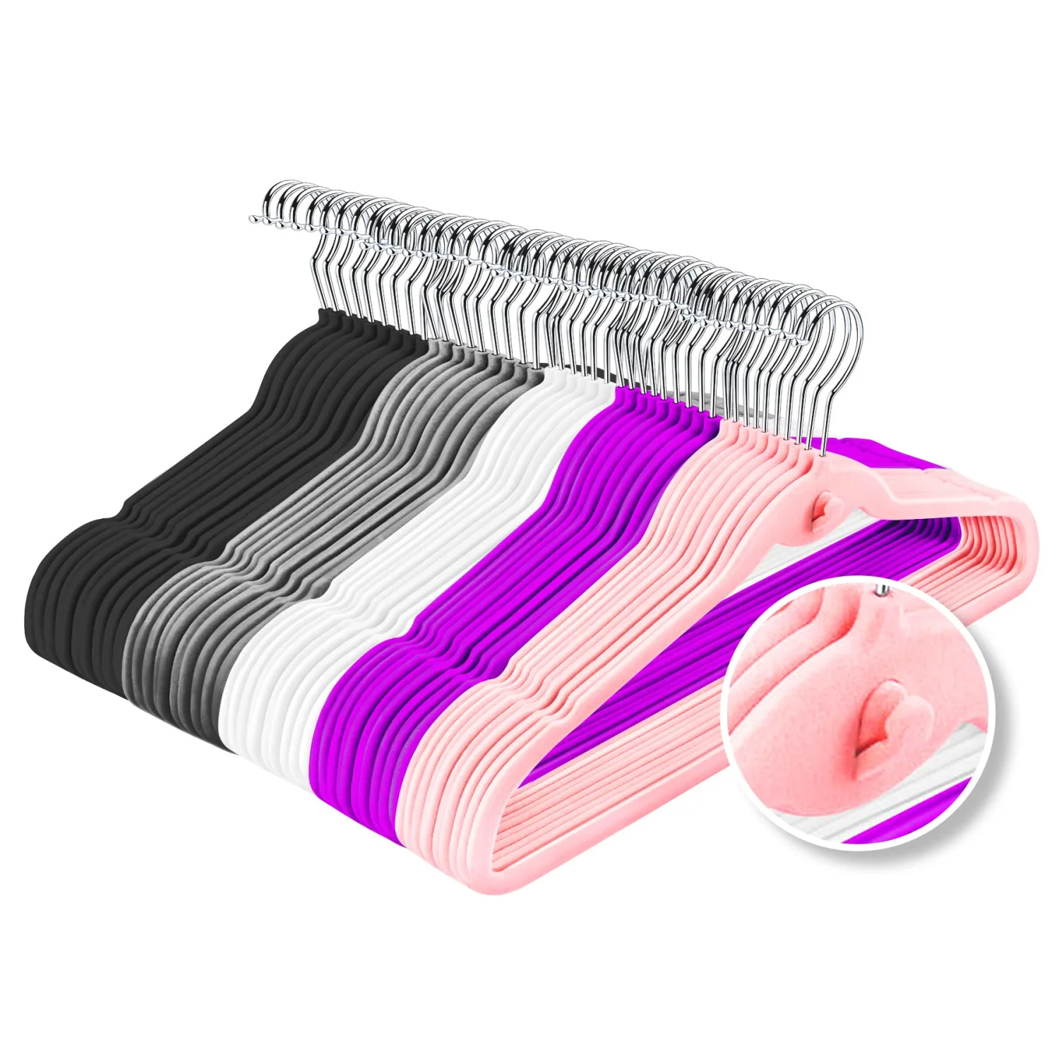 Multi-Color Velvet Hangers 50 Pack with Cascading Hooks, Non-Slip Black, Pink, White, Grey, and Purple Velvet Hangers for Clothes, Suits, and Coats