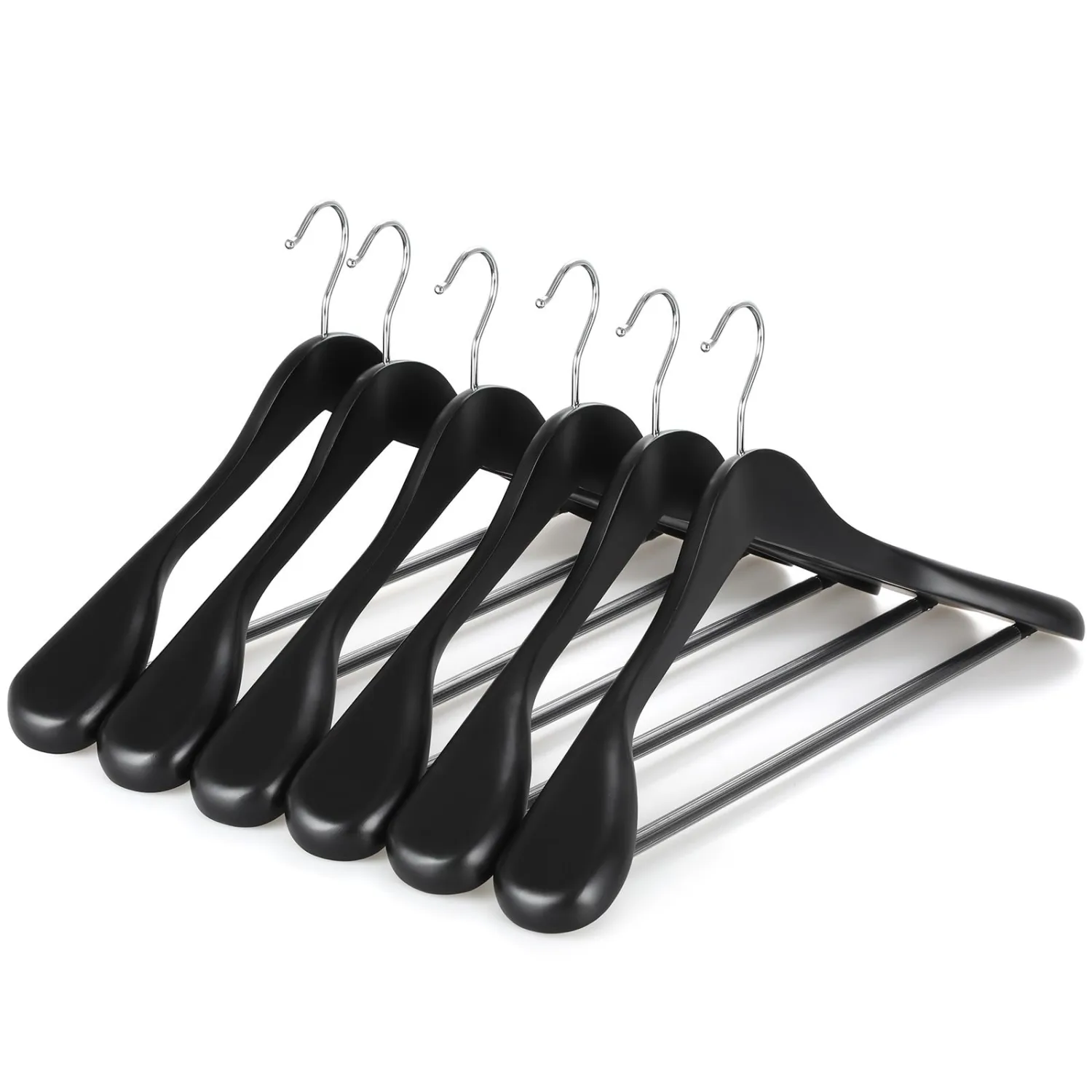 TOPIA HANGER Wide Shoulder Wooden Hangers, Suit Hangers with Non Slip Pants Bar & 360° Swivel Hook, Solid Wood Heavy Duty Coat Hanger, 6 Pack (Matte Black)-CT02B