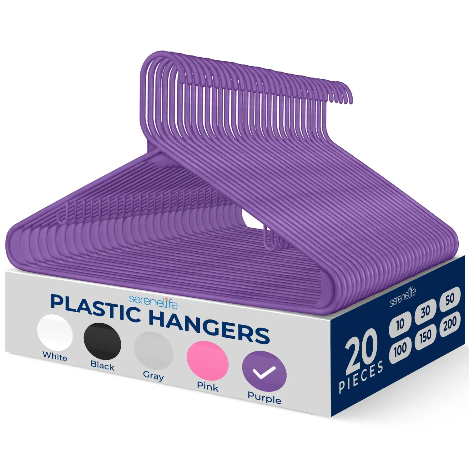 SereneLife 20-Pack Plastic Hangers, Non-Slip, Space-Saving Closet Organizers, Durable and Strong for Shirts, Sweaters, Hoodies, Kids Clothes & Dresses, Ultra-Thin, Lightweight