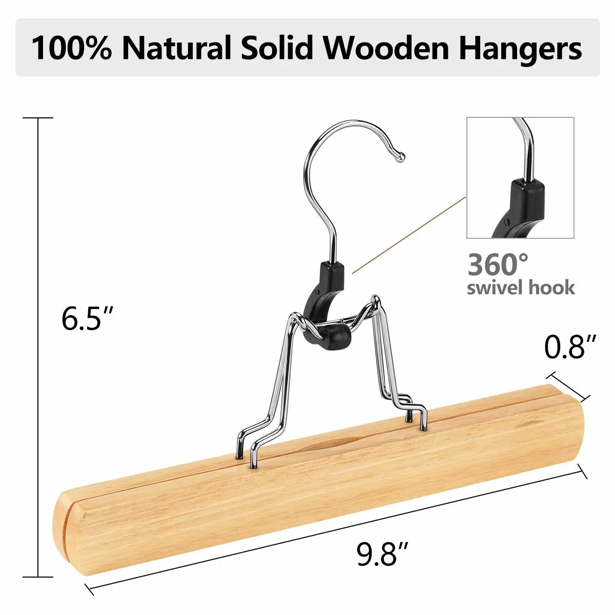 AMKUFO 12 Pack Natural Wooden Pants Hangers with Clips Non Slip Skirt Hangers Trouser Clamp Hanger Solid Wood Hanger with 360° Swivel Hook