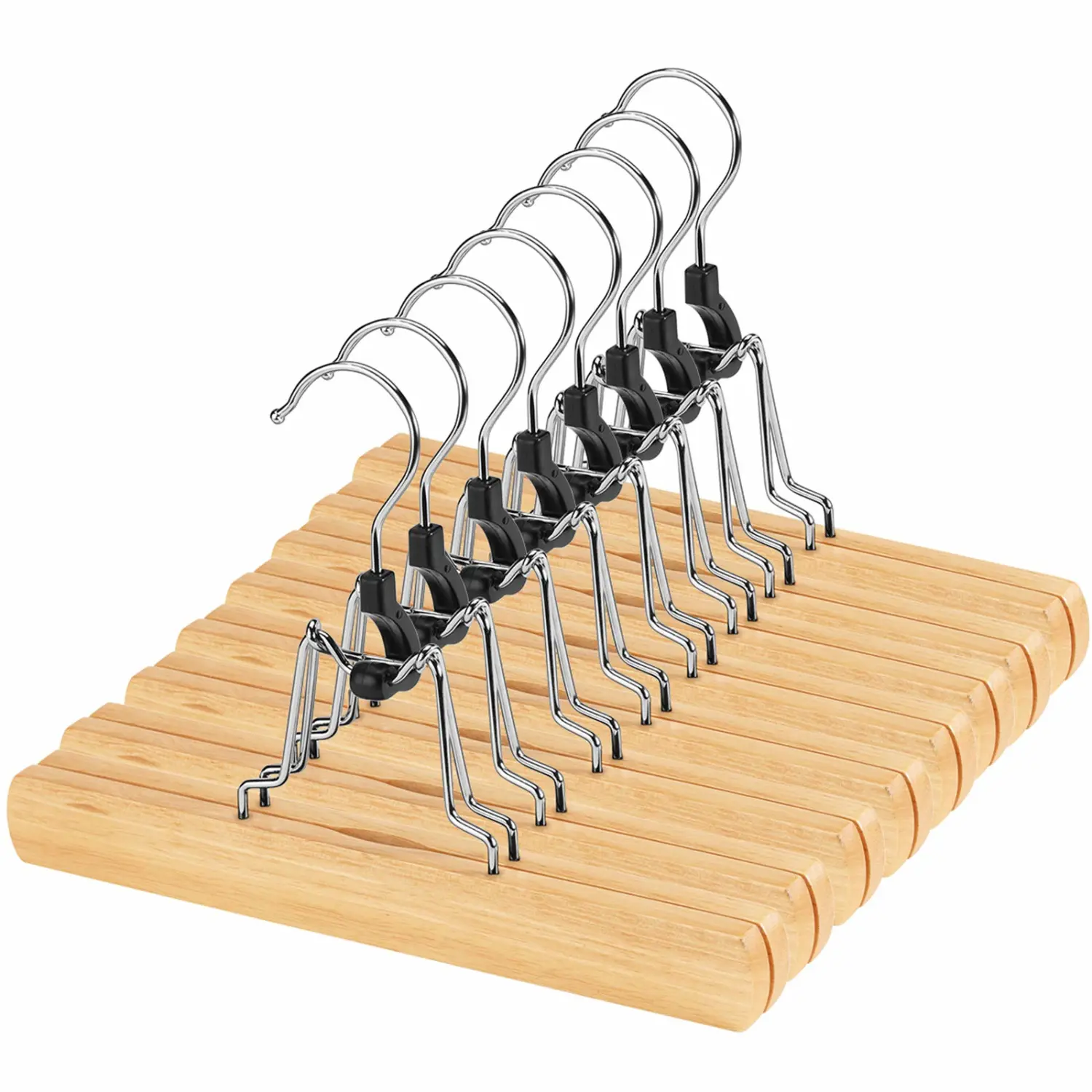 AMKUFO 12 Pack Natural Wooden Pants Hangers with Clips Non Slip Skirt Hangers Trouser Clamp Hanger Solid Wood Hanger with 360° Swivel Hook