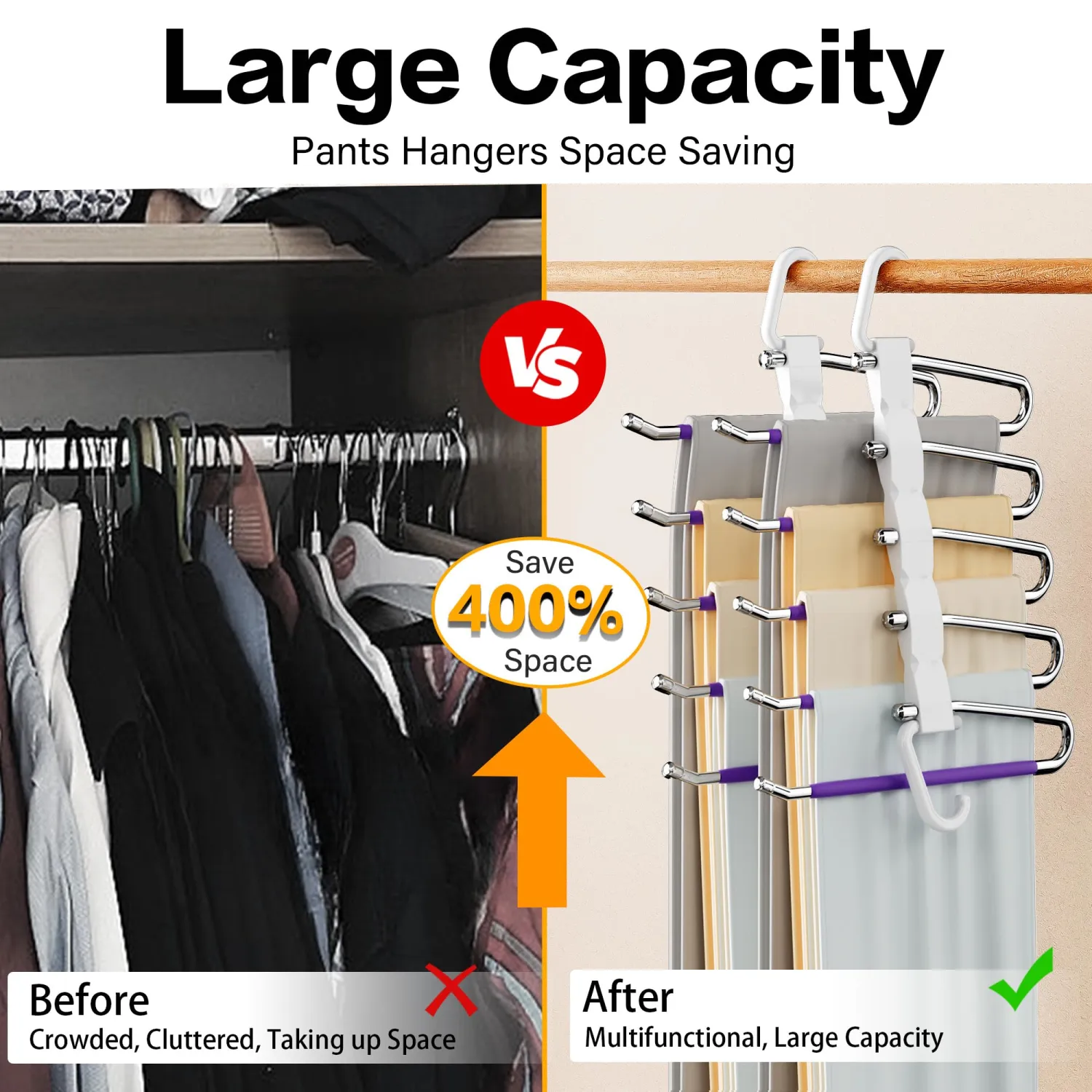 Pants Hangers Space Saving - 2 Pack for Closet Organizer, Anti-Slip, Stainless Steel Pants Rack Closet Organizers and Storage, Jeans Hanger, Violet