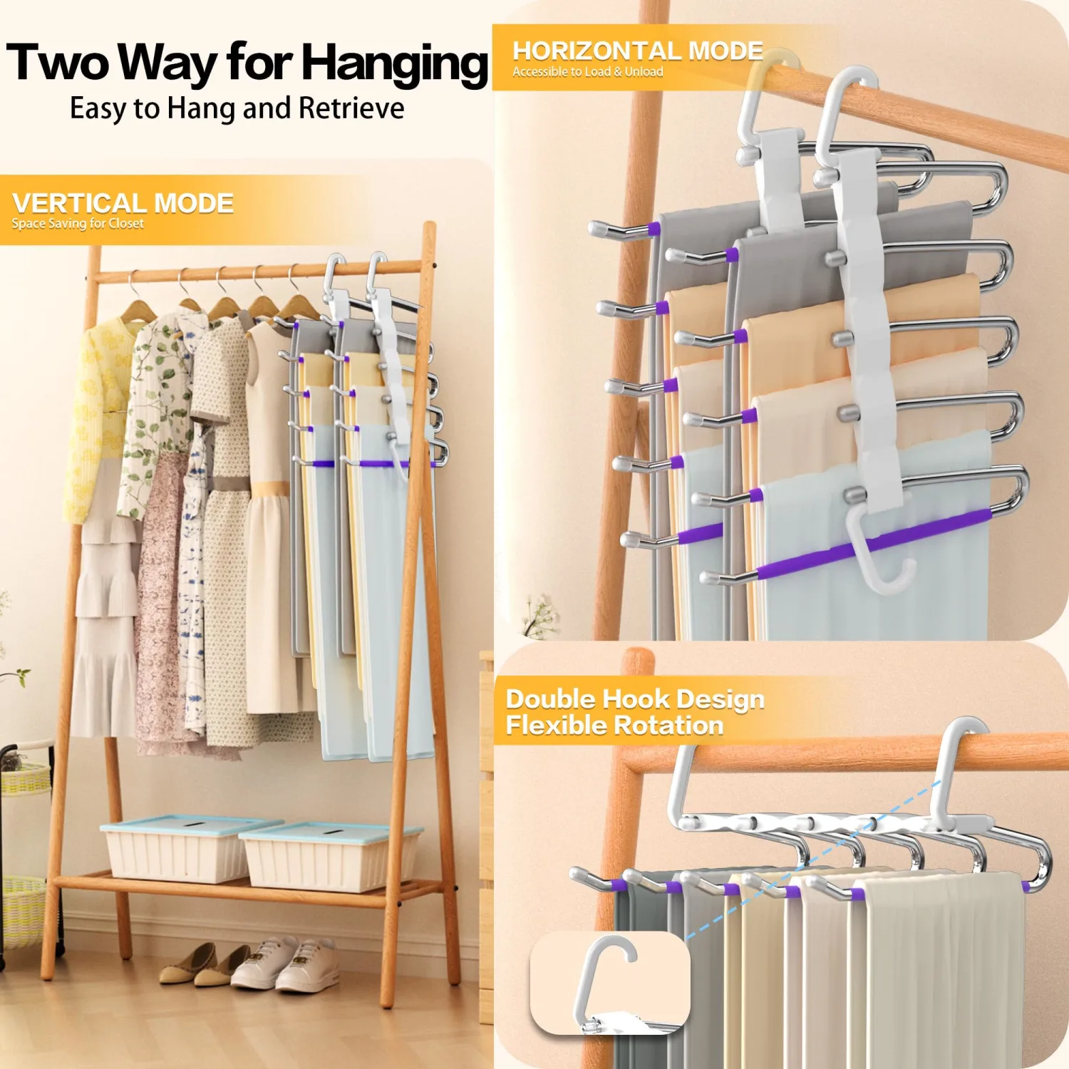 Pants Hangers Space Saving - 2 Pack for Closet Organizer, Anti-Slip, Stainless Steel Pants Rack Closet Organizers and Storage, Jeans Hanger, Violet