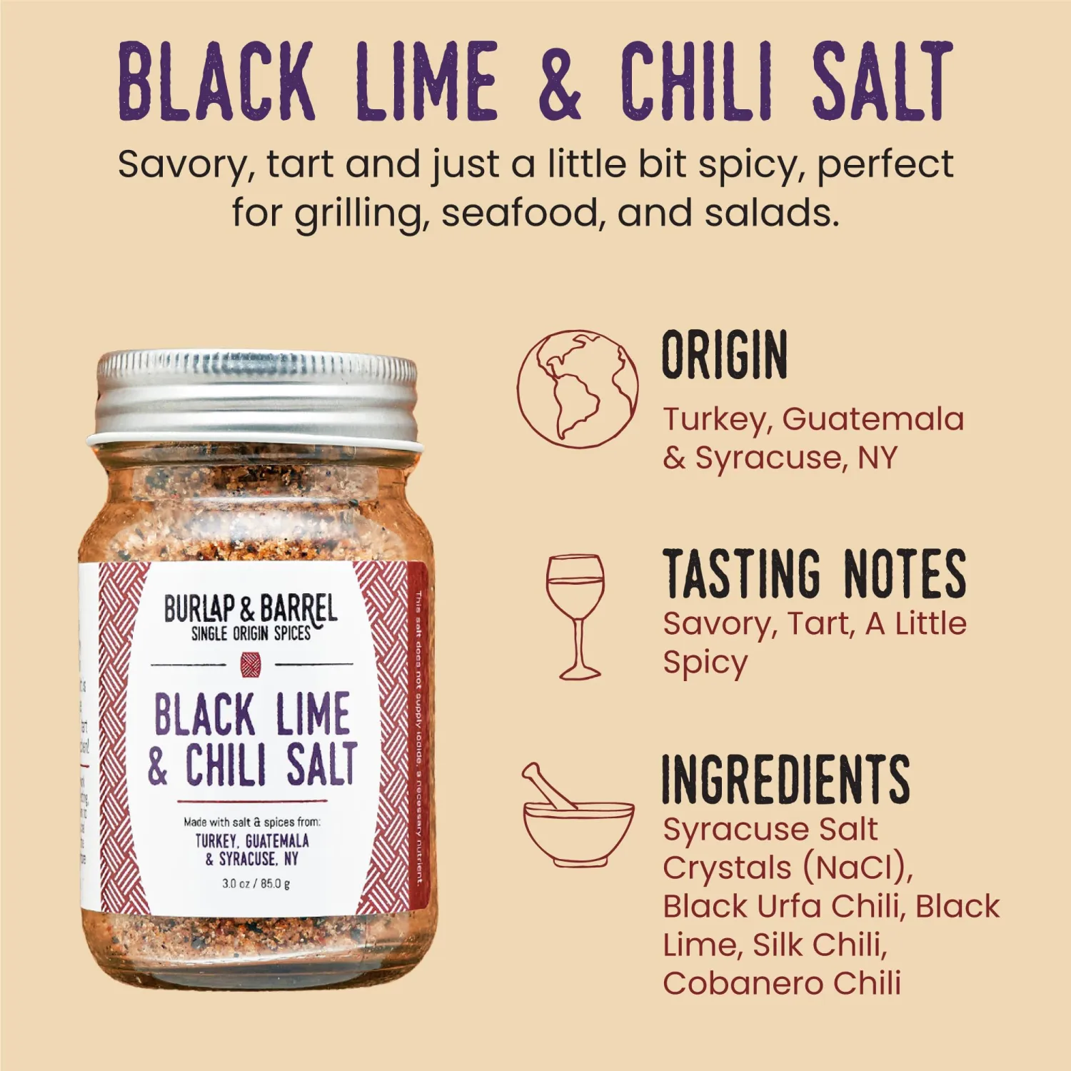 Burlap & Barrel Black Lime & Chili Salt - Savory, Tart, Mildly Spicy - Seasoning Salt for Seafood, Salads & Grilling - As Seen on Shark Tank - 3.0 oz Glass Jar