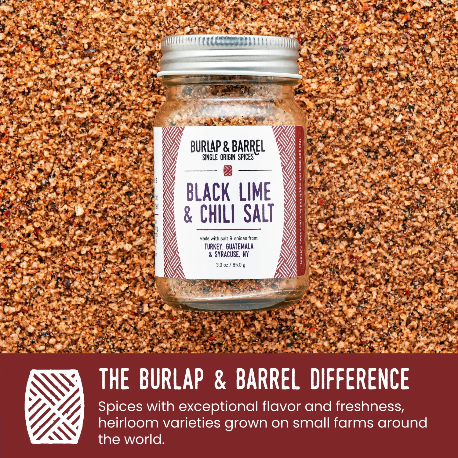 Burlap & Barrel Black Lime & Chili Salt - Savory, Tart, Mildly Spicy - Seasoning Salt for Seafood, Salads & Grilling - As Seen on Shark Tank - 3.0 oz Glass Jar