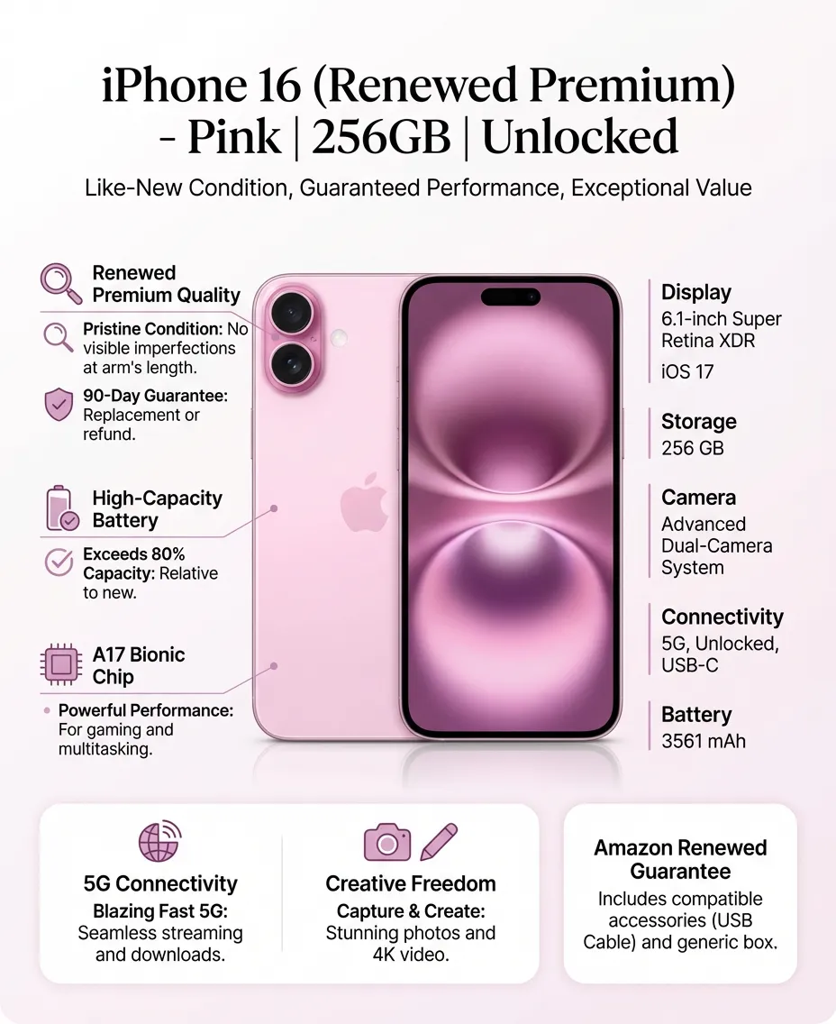 Apple iPhone 16, US Version, 256GB, Pink - Unlocked (Renewed Premium)