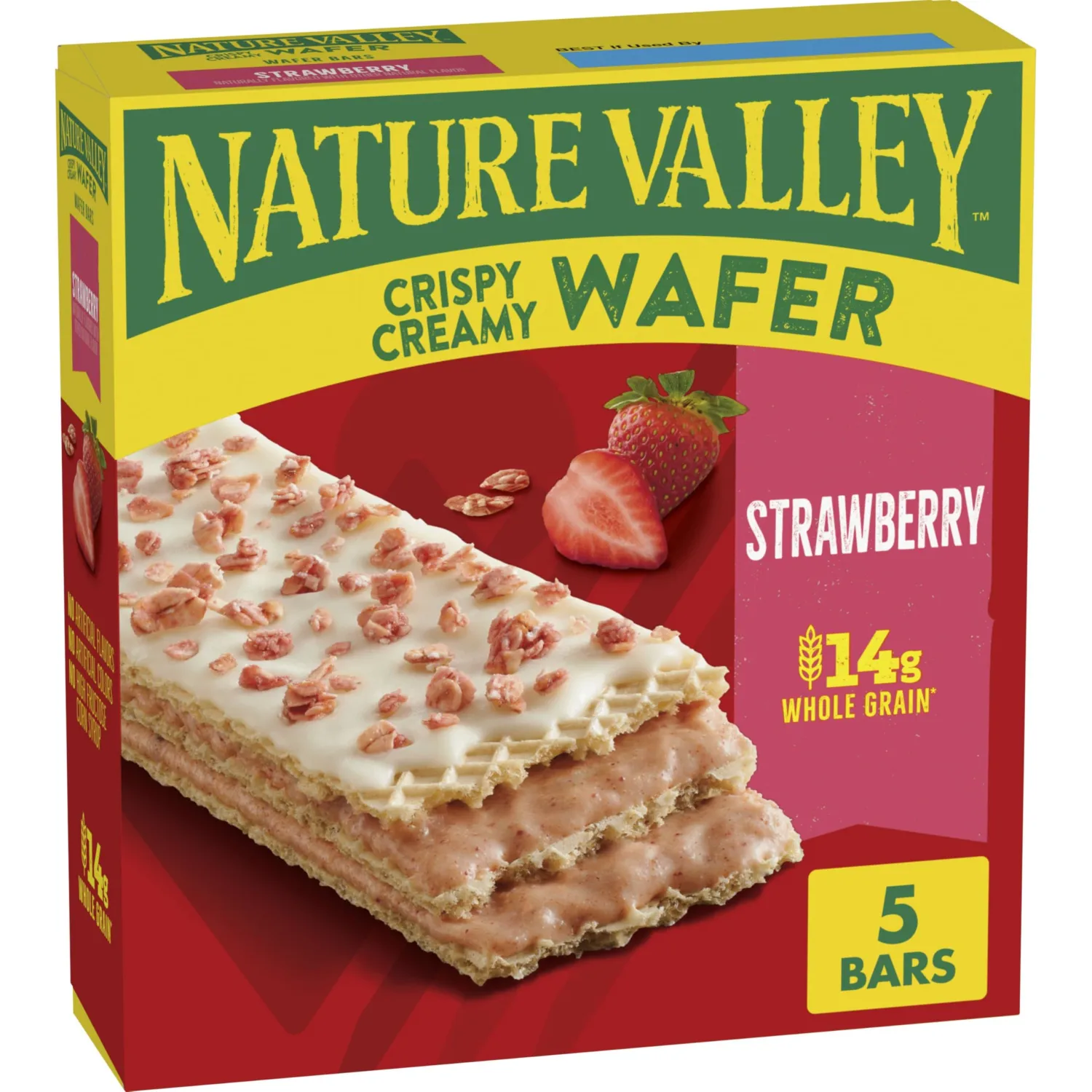 Nature Valley Creamy Wafer Bars, Strawberry, Whole Grain, 5 ct, 6.5 oz | Crispy Whole Grain Wafers, Strawberry Filling, Granola Topping, 14g Whole Grain, No Artificial Flavors