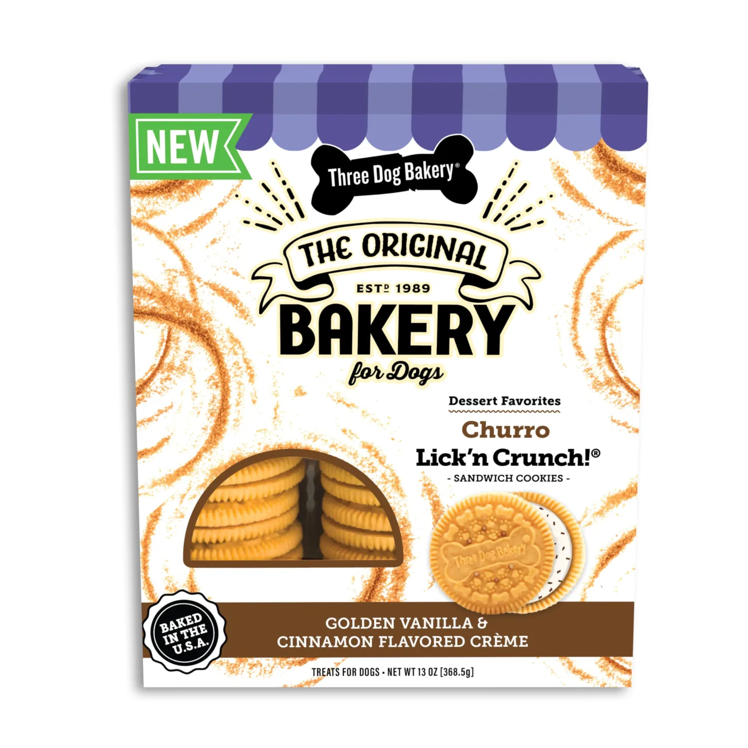 Three Dog Bakery Churro Lick'n Crunch Vanilla & Cinnamon Crunchy Dog Treats, 13-oz Box