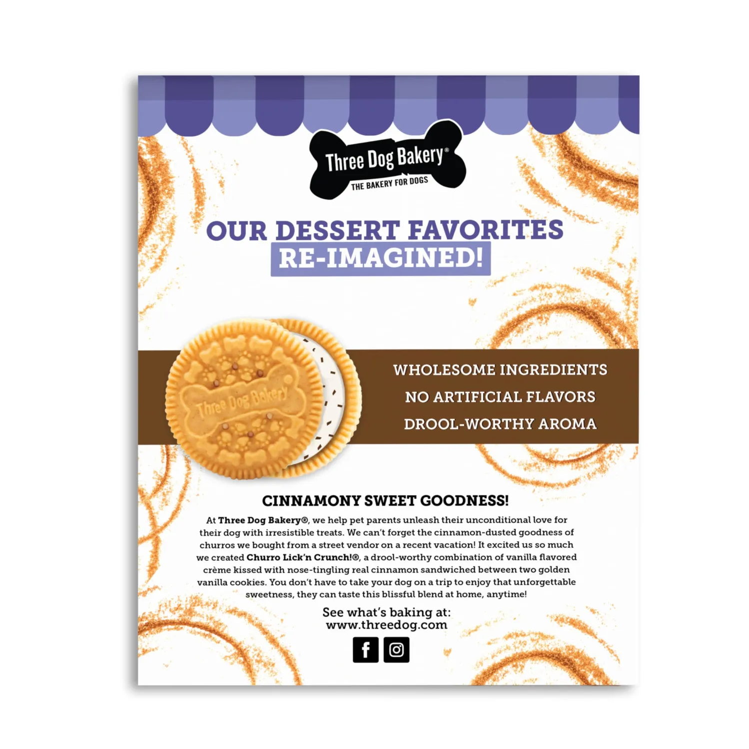 Three Dog Bakery Churro Lick'n Crunch Vanilla & Cinnamon Crunchy Dog Treats, 13-oz Box