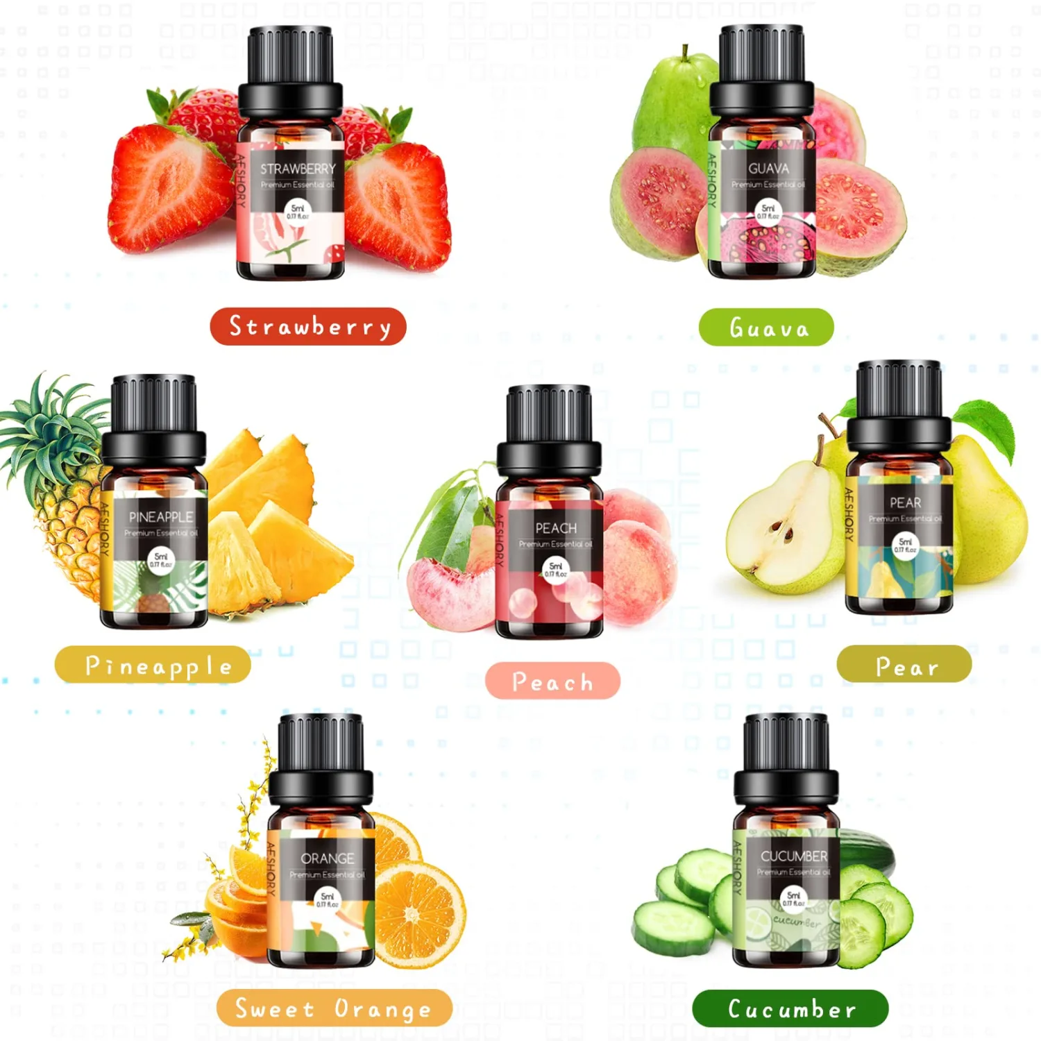 Fruity Essential Oils Set - TOP 14 Fragrance Oil for Diffusers, Candle Making Includes Strawberry, Apple, Pineapple, Cucumber Melon, Cherry, Mango, Lemon, and Orange Scented Aromatherapy Oils (5ml)