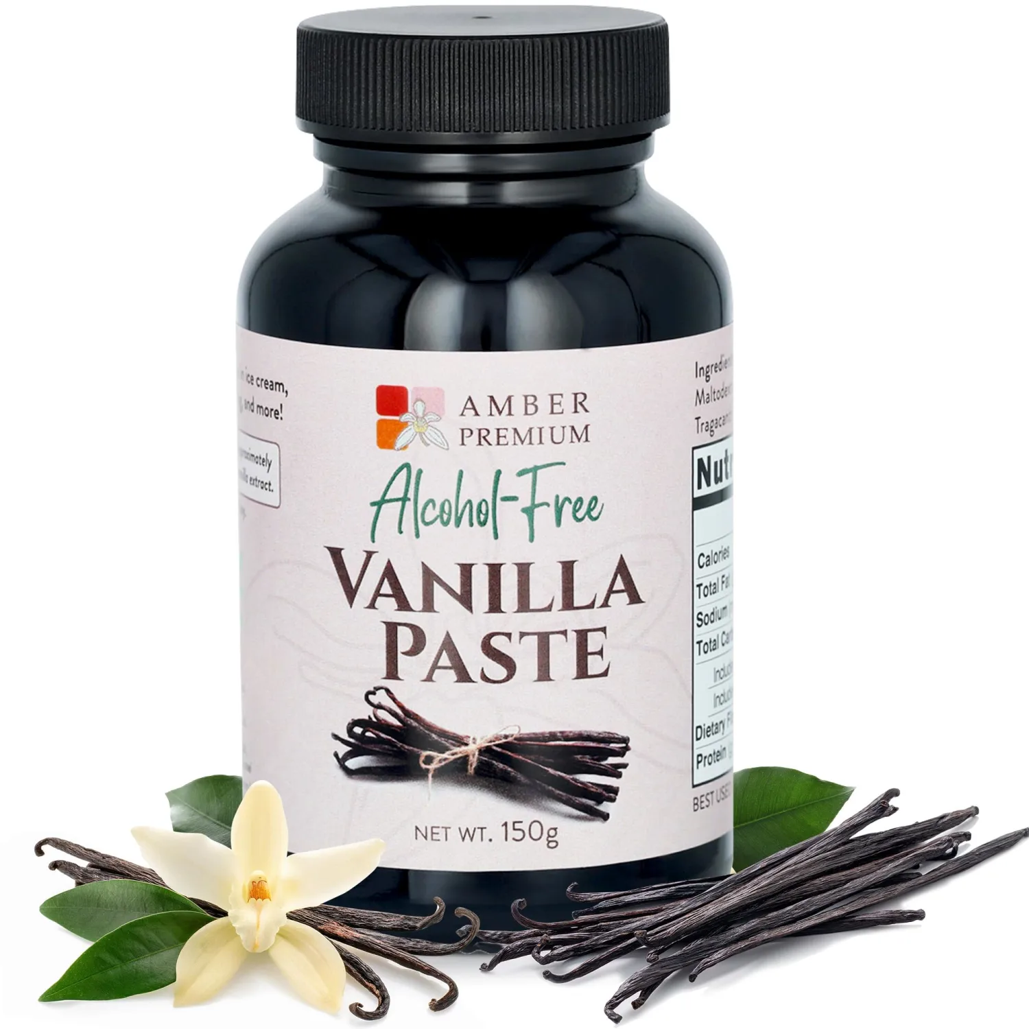 Amber Premium Alcohol Free Vanilla Bean Paste 150g / 4 fl oz (US) - Made with Authentic Madagascar Vanilla Beans - Vegan, Kosher, Chef Recommended for Baking, Desserts, and Pastries
