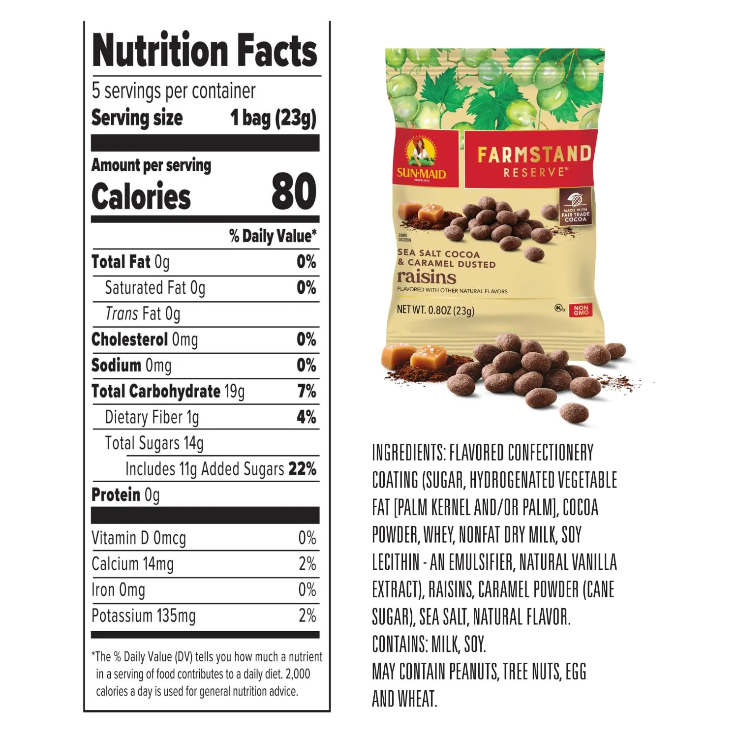 Sun-Maid Farmstand Reserve Sea Salt Cocoa & Caramel Dusted Raisins - 5 Count Box - 0.8 oz Snack Bag