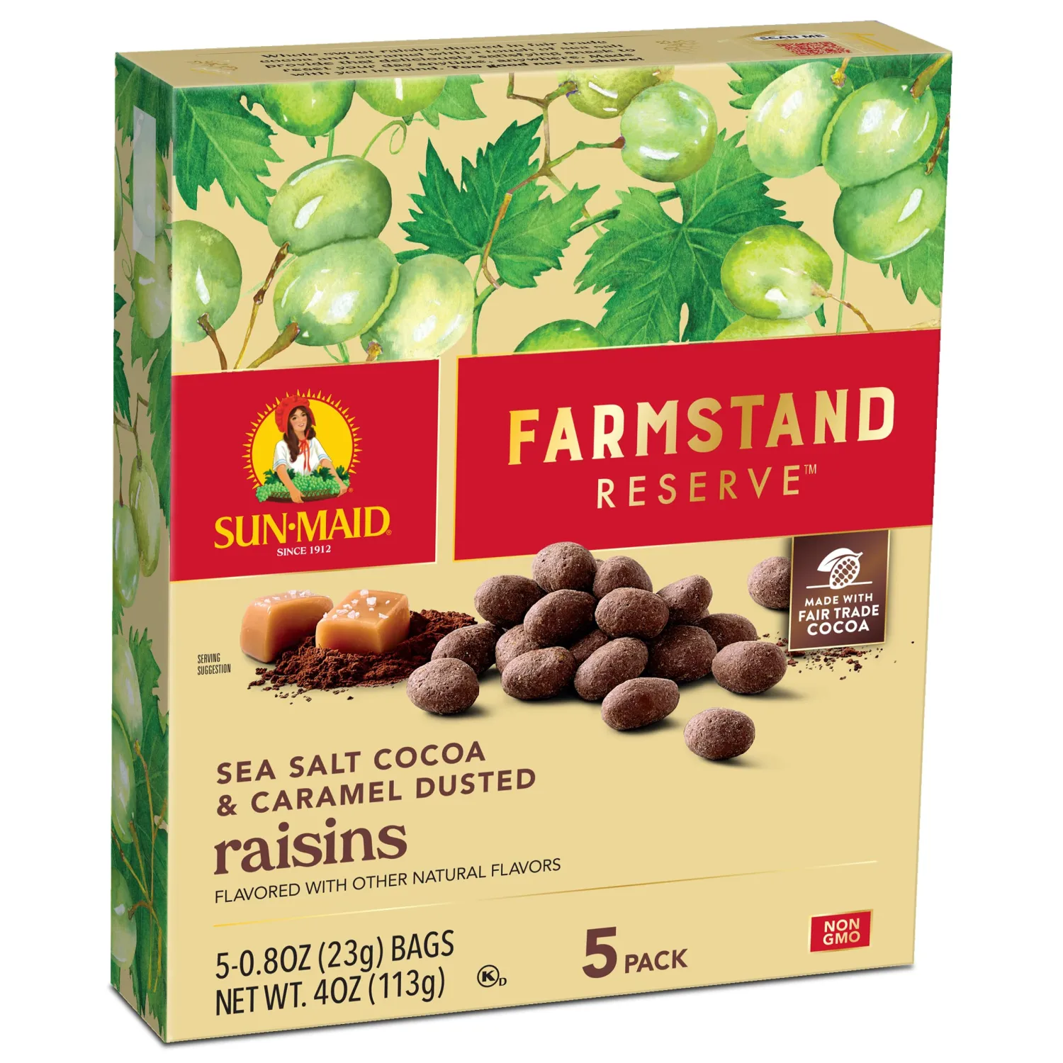 Sun-Maid Farmstand Reserve Sea Salt Cocoa & Caramel Dusted Raisins - 5 Count Box - 0.8 oz Snack Bag