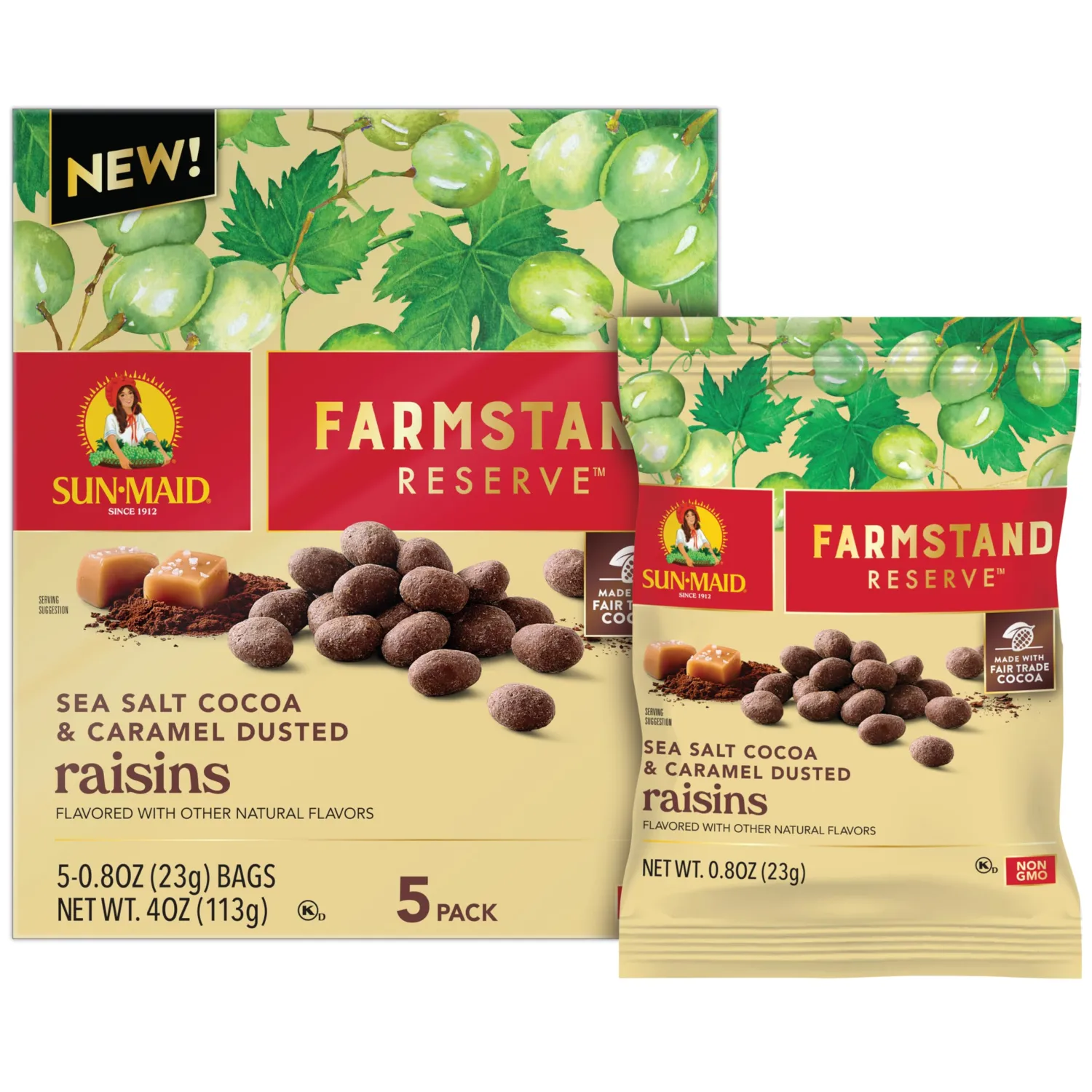 Sun-Maid Farmstand Reserve Sea Salt Cocoa & Caramel Dusted Raisins - 5 Count Box - 0.8 oz Snack Bag