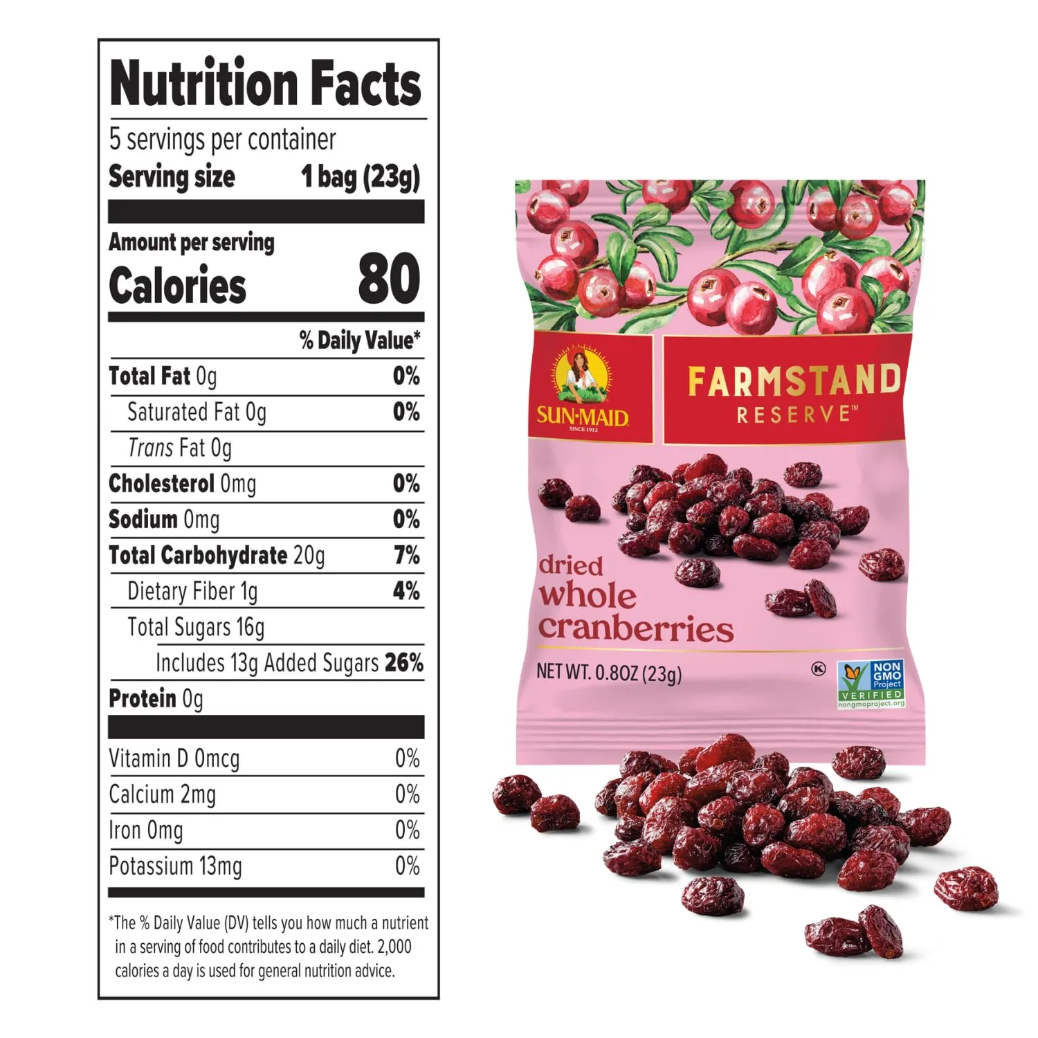 Sun-Maid Farmstand Reserve Whole Dried Cranberries - 5 count Box - 0.8 oz Snack Bag