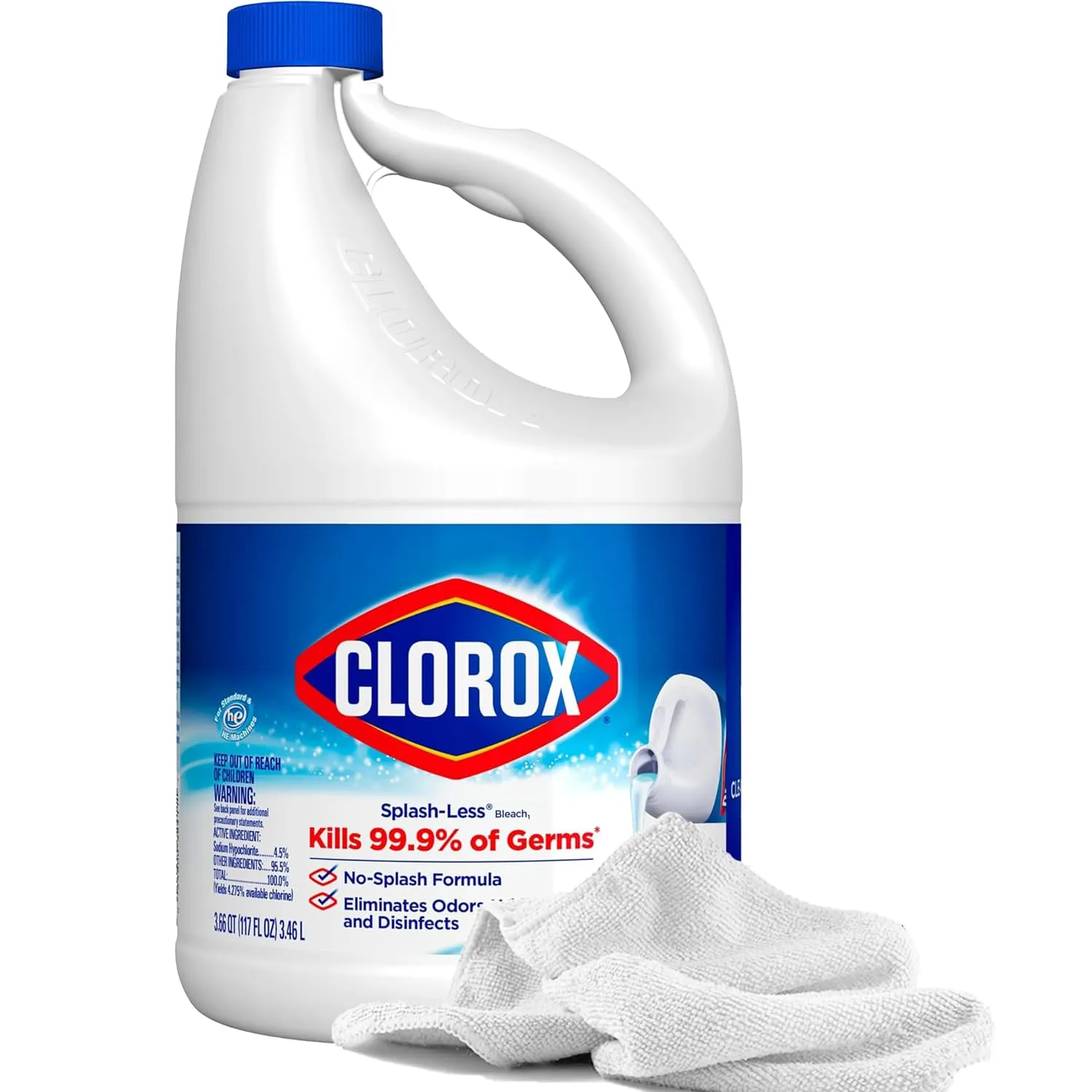 Splash Less Bleach Cleaner, 117oz | Bleach Concentrate and 2 Daley Mint Towels | Bulk Refill for Linens, Laundry, Bathroom, Janitorial and Commercial