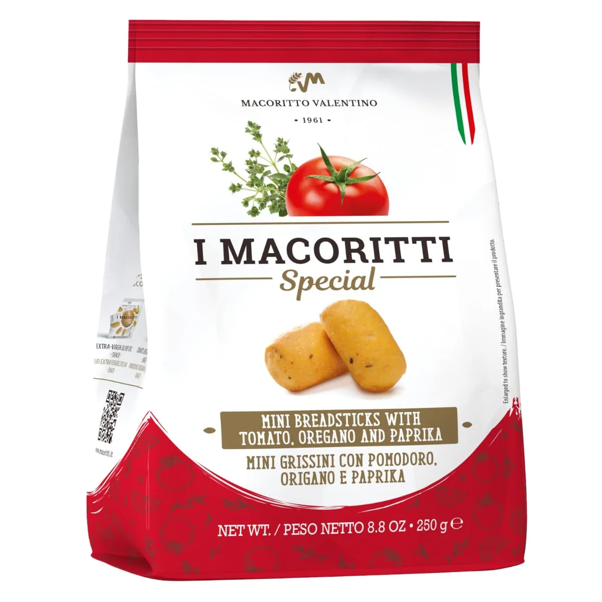I Macoritti Special Breadsticks with Tomato, Oregano and Paprika, Made in Italy, Authentic Italian Snack, Oven-Baked and Crispy - 8.8 oz