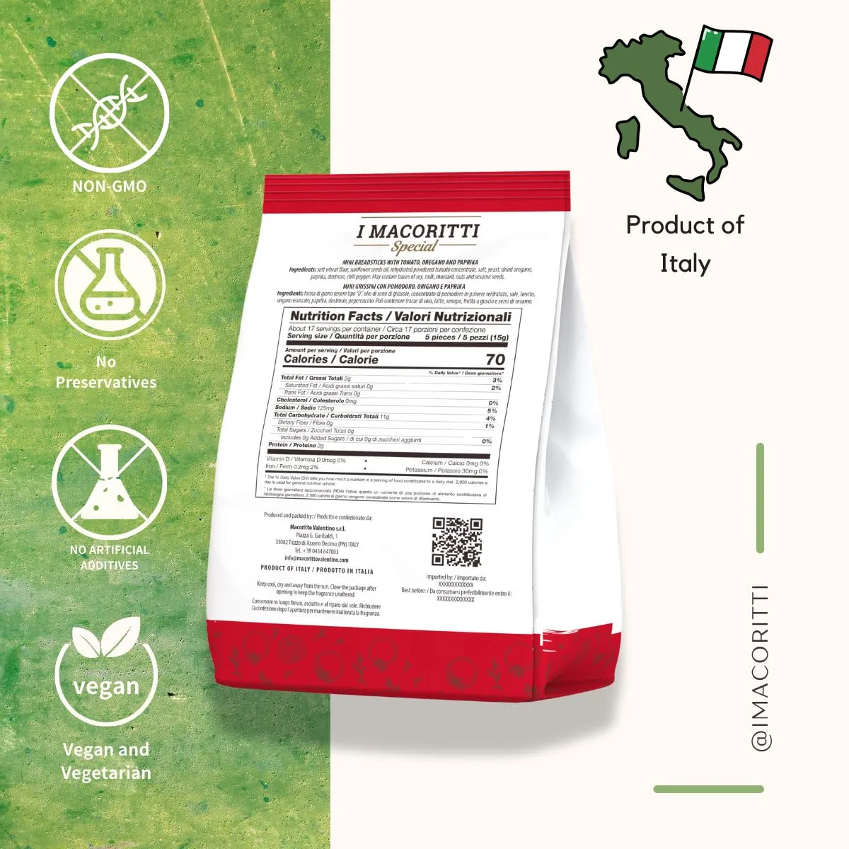 I Macoritti Special Breadsticks with Tomato, Oregano and Paprika, Made in Italy, Authentic Italian Snack, Oven-Baked and Crispy - 8.8 oz