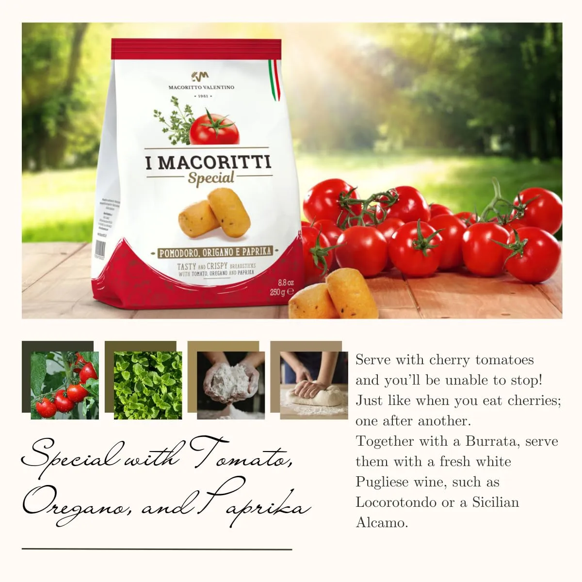 I Macoritti Special Breadsticks with Tomato, Oregano and Paprika, Made in Italy, Authentic Italian Snack, Oven-Baked and Crispy - 8.8 oz