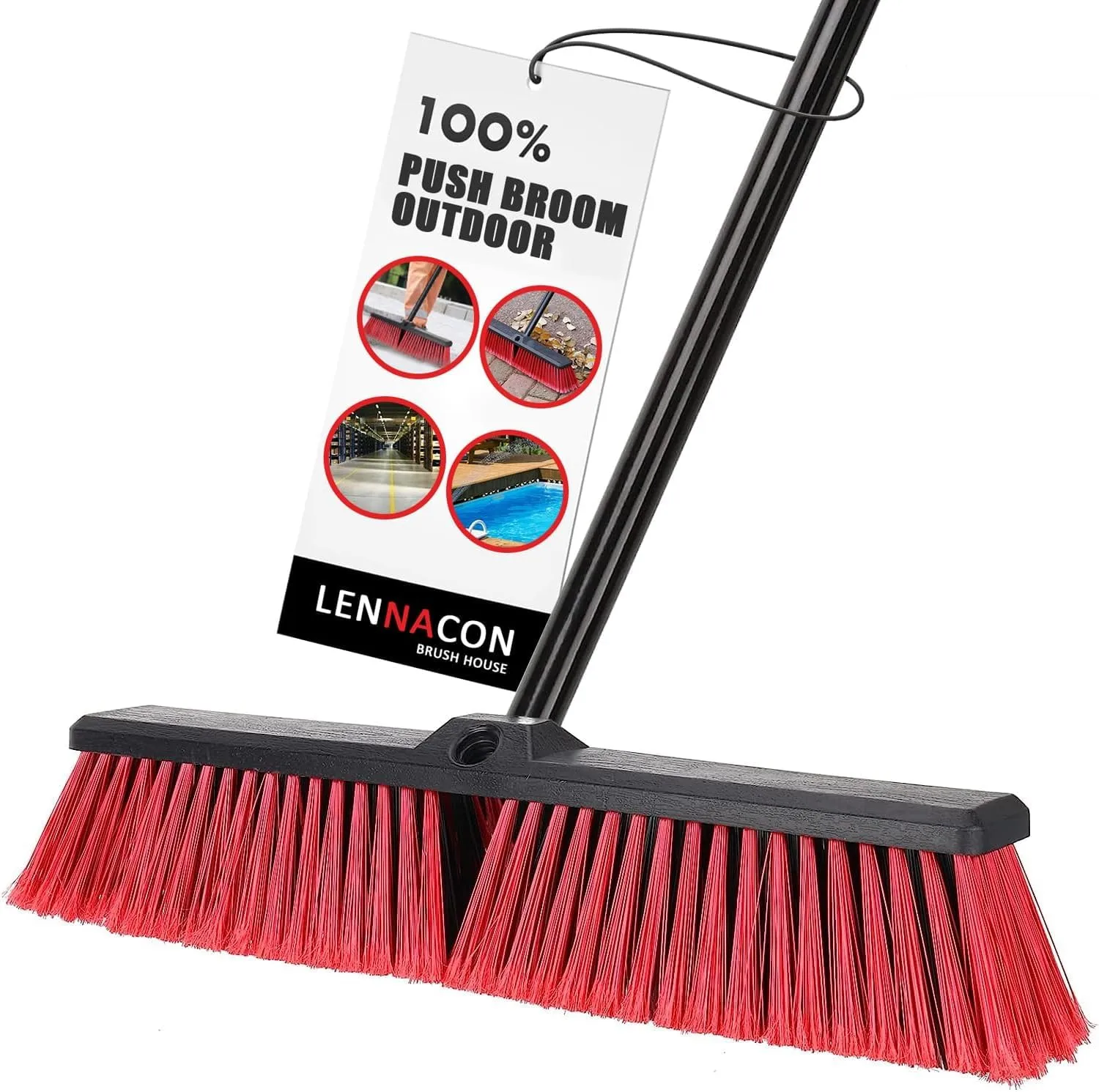 18" Push Broom Outdoor Heavy Duty, Snow Broom with Long Handle, Shop Broom Garage Push Broom for Garden, Patio, Garage, Bathroom, Kitchen, Tub, Carpet, Tile, Deck, Concrete, Industrial (RED)