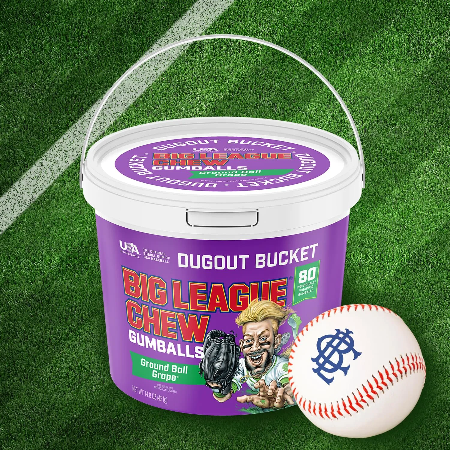 New Big League Chew Bubble Gum Dugout Bucket - 80 Pieces, Grape Flavor | Ideal for Baseball Games, Teams, Concessions, Parties, and More | 80 Individually Wrapped Gumballs