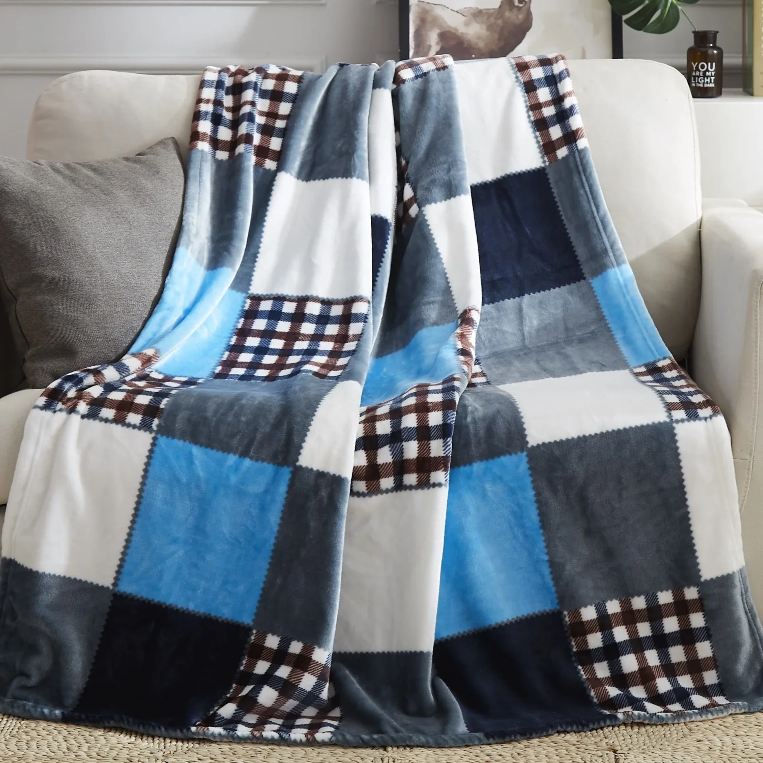 Tache Blue Lake Farmhouse Super Soft Micro Fleece Plaid Patchwork Plush Lightweight Dual-Sided Decorative Couch, Sofa, Travel, Lap, Bed Throw Blanket, 50x60