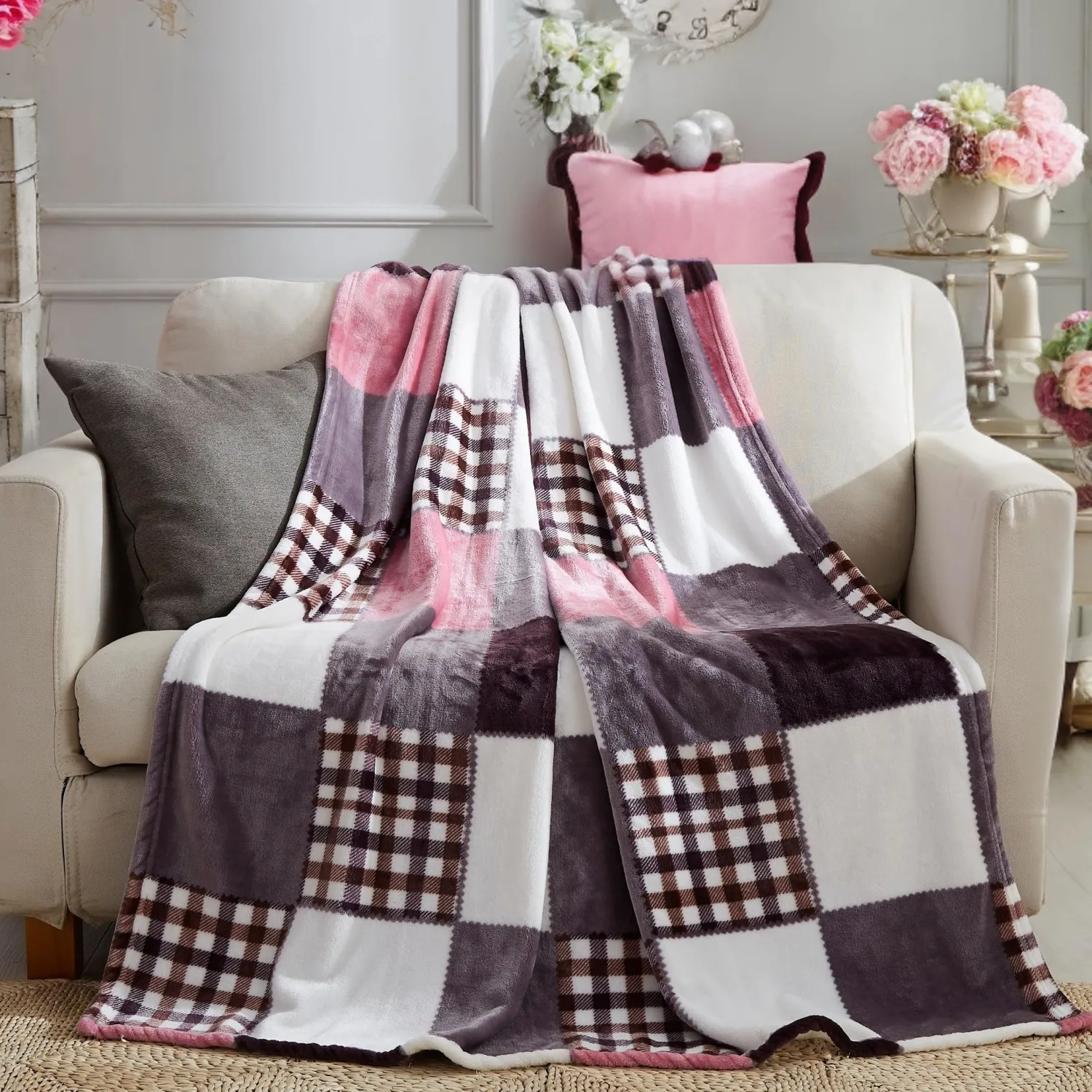 Tache Autumn Pink Purple Farmhouse Super Soft Micro Fleece Plaid Patchwork Plush Lightweight Dual-Sided Decorative Couch, Sofa, Travel, Lap, Bed Throw Blanket, 50x60