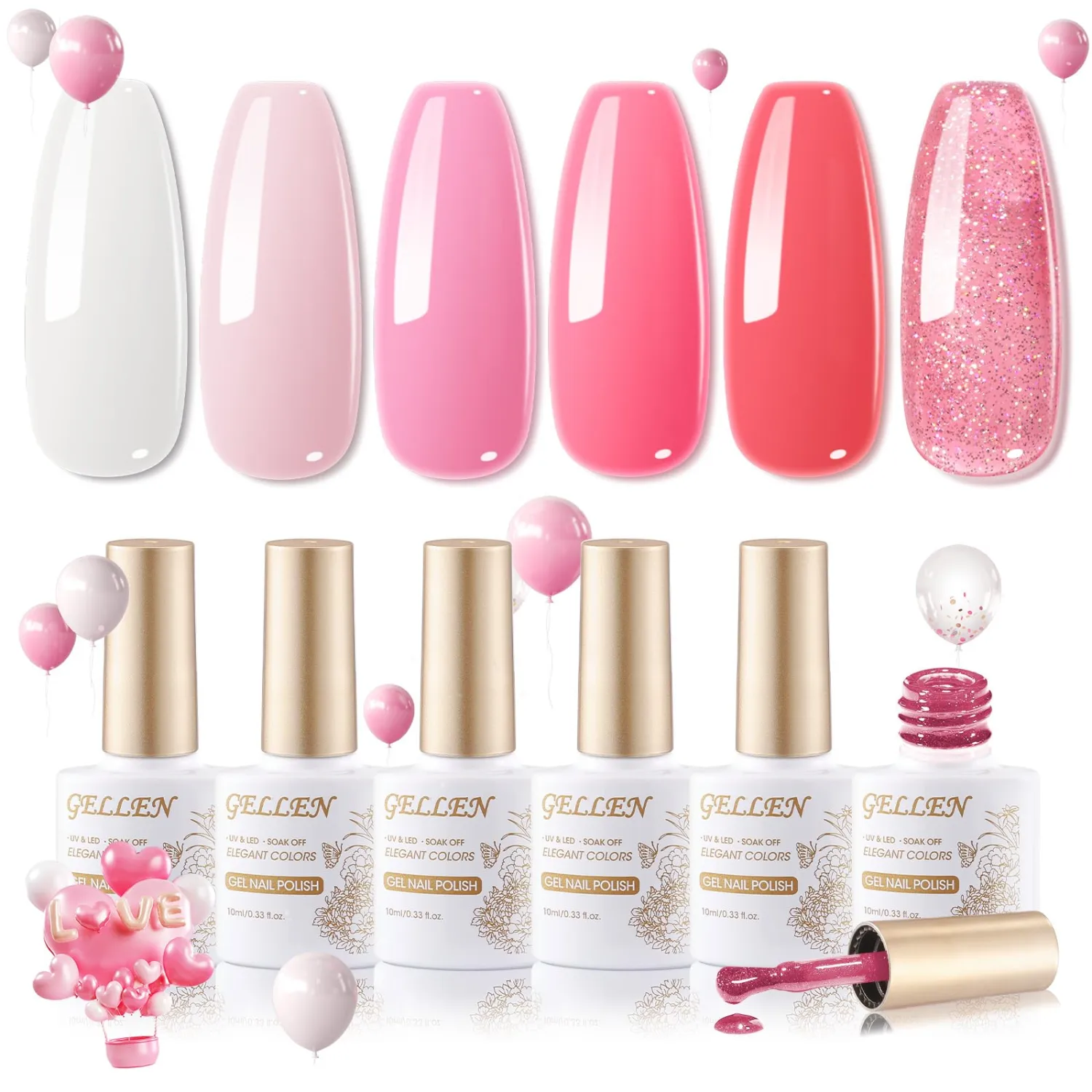 GELLEN Gel Nail Polish Kit 6 Colors 10ml Spring Summer White Soft Pink Blush Crepe Glitter Gel Polish UV Soak Off Long Lasting Manicure Home Salon Kit Gift for Her