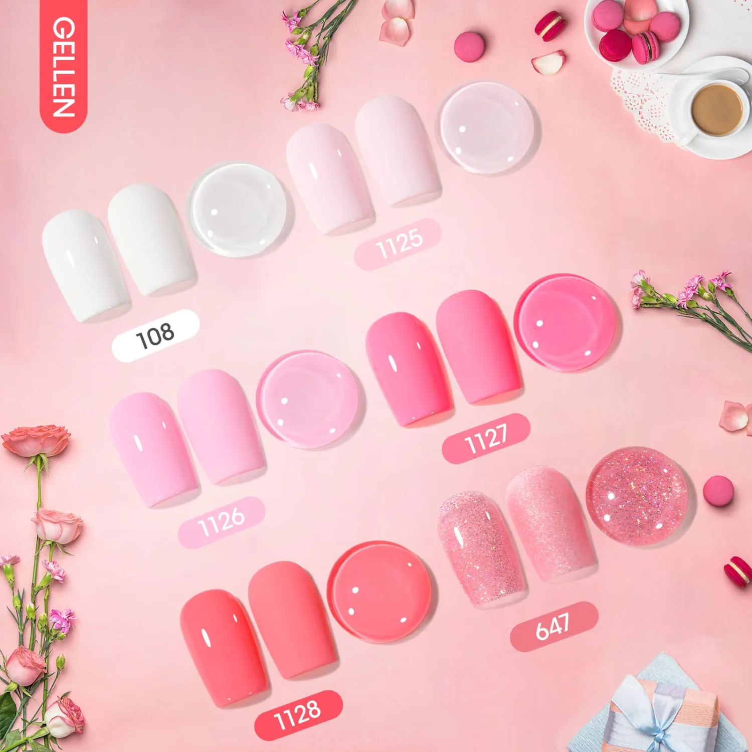 GELLEN Gel Nail Polish Kit 6 Colors 10ml Spring Summer White Soft Pink Blush Crepe Glitter Gel Polish UV Soak Off Long Lasting Manicure Home Salon Kit Gift for Her