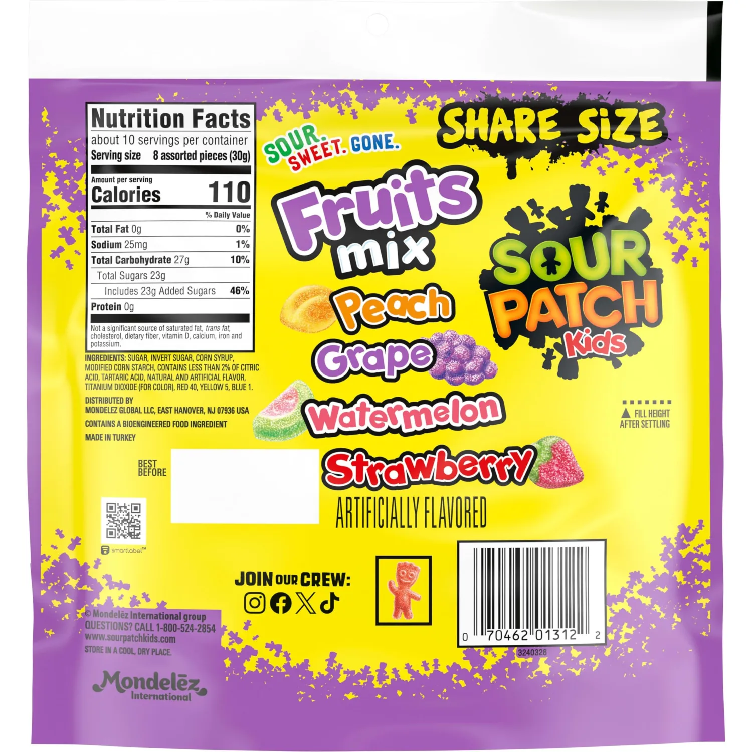 SOUR PATCH KIDS Fruits Mix Soft & Chewy Gummy Candy, Share Size, 11.03 oz