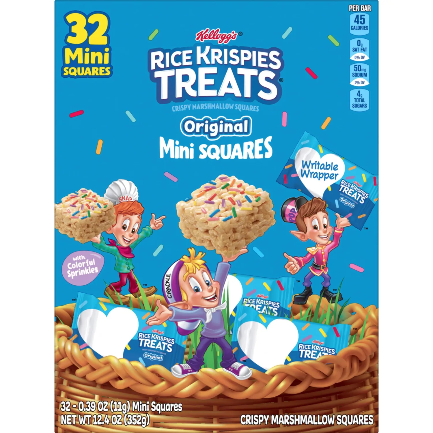Rice Krispies Treats Crispy Mini Marshmallow Squares, Easter Snacks, Cereal Bars, Original with Colorful Sprinkles, 12.4oz Box (32 Count)