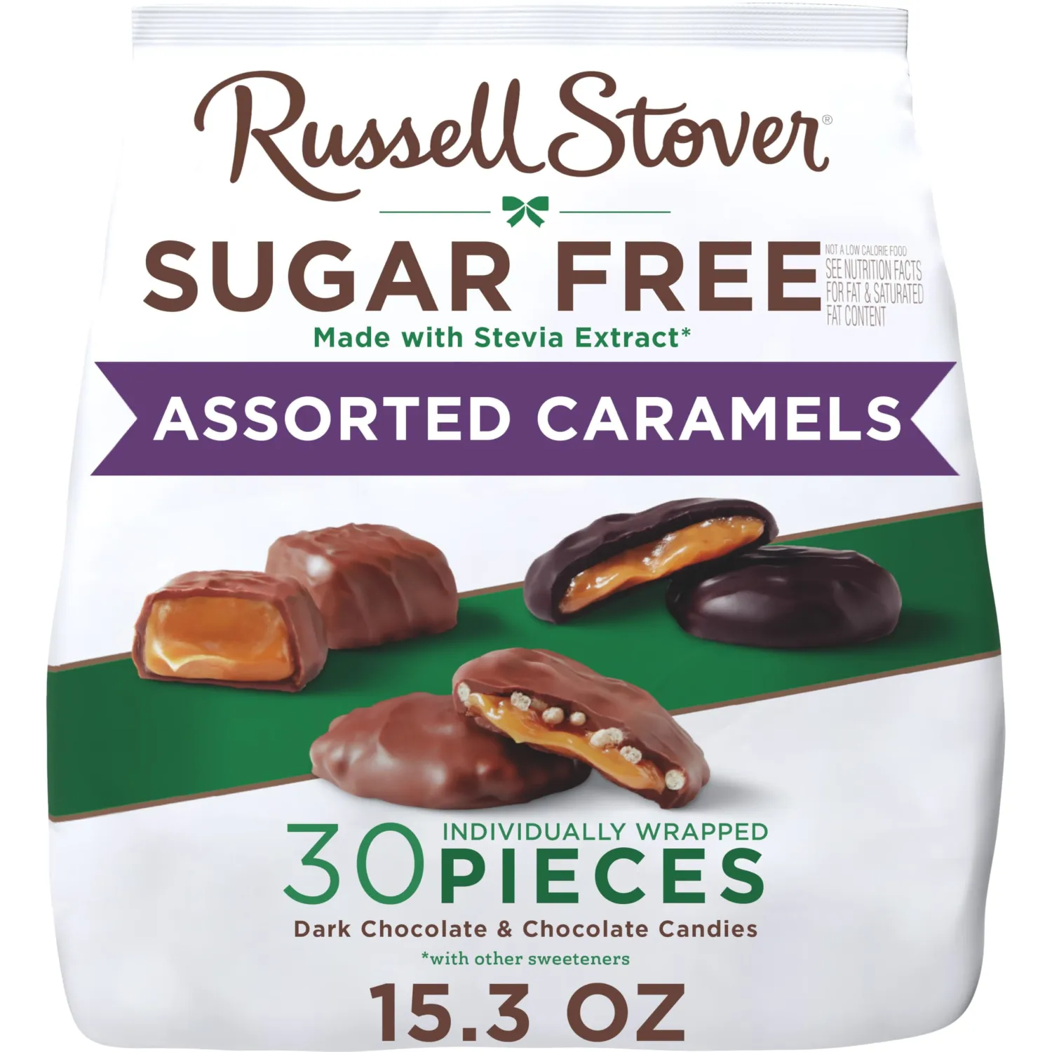 RUSSELL STOVER Sugar Free Assorted Caramels in Chocolate Candy, 15.3 oz. bag - Milk and Dark Sugar Free Chocolate