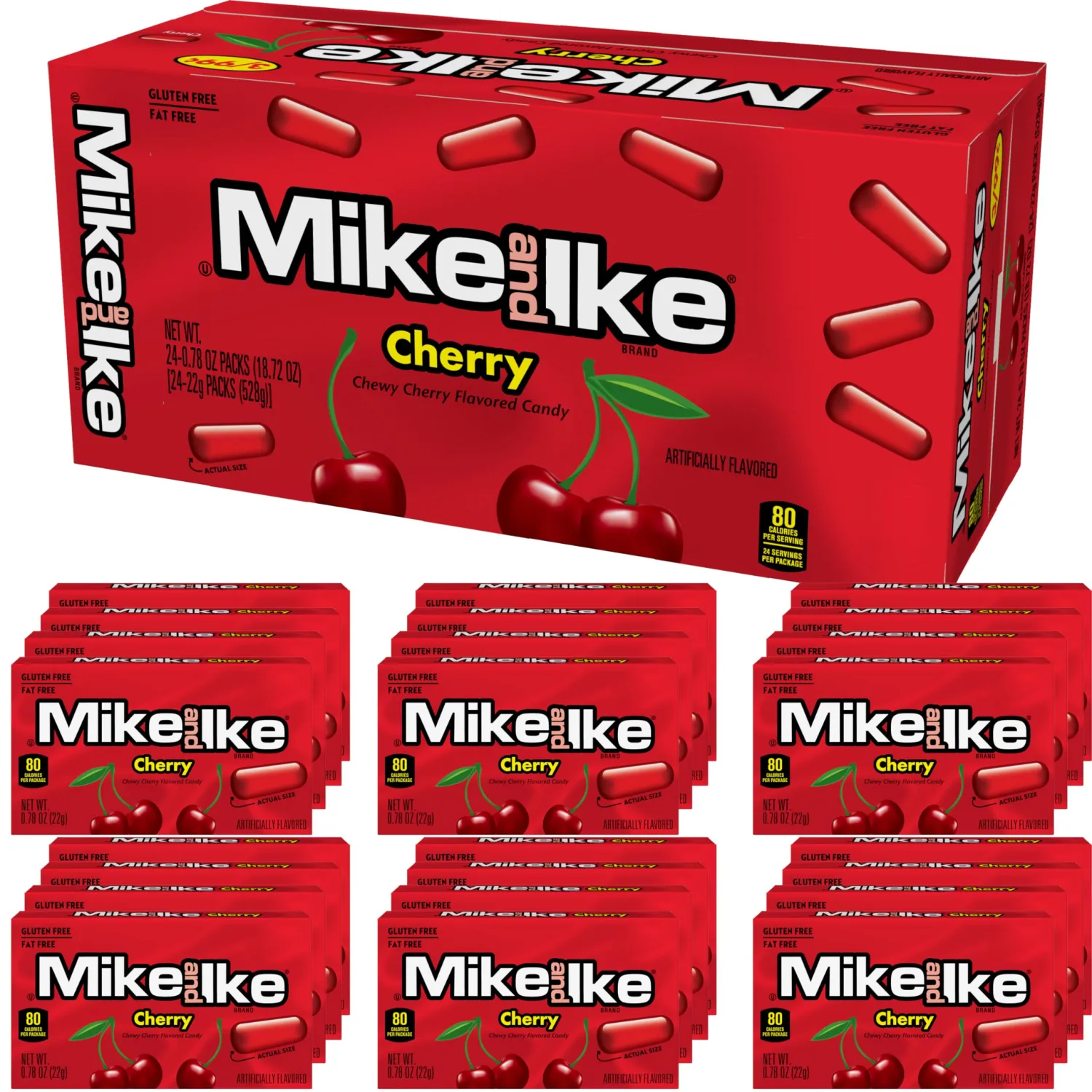 Mike and Ike Cherry Candy, 0.78 Ounce Box (Pack of 24), Chewy Candy, Vending Machine Candy, Red Candy