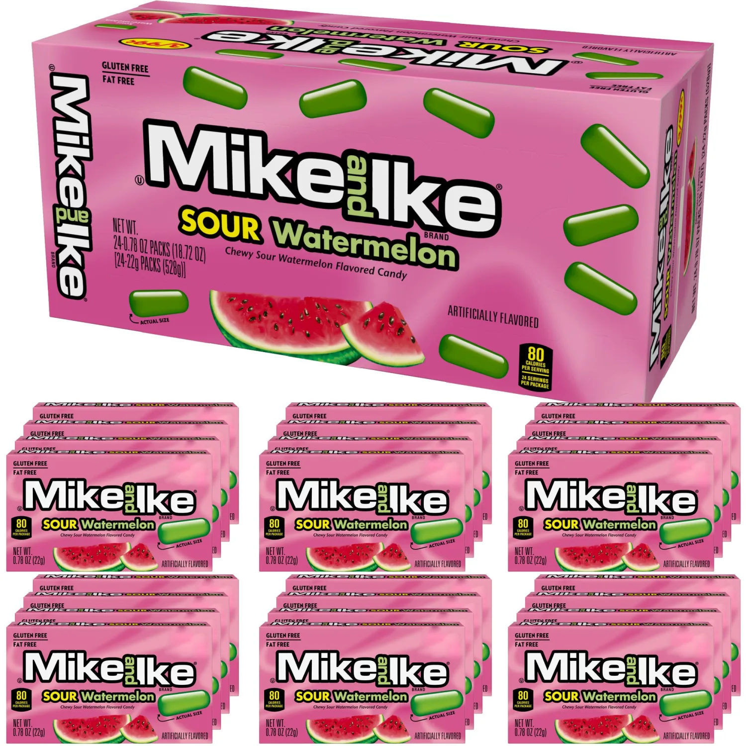 Mike and Ike Sour Watermelon Candy, 0.78 Ounce Box (Pack of 24), Chewy Candy, Vending Machine Candy, Green Candy