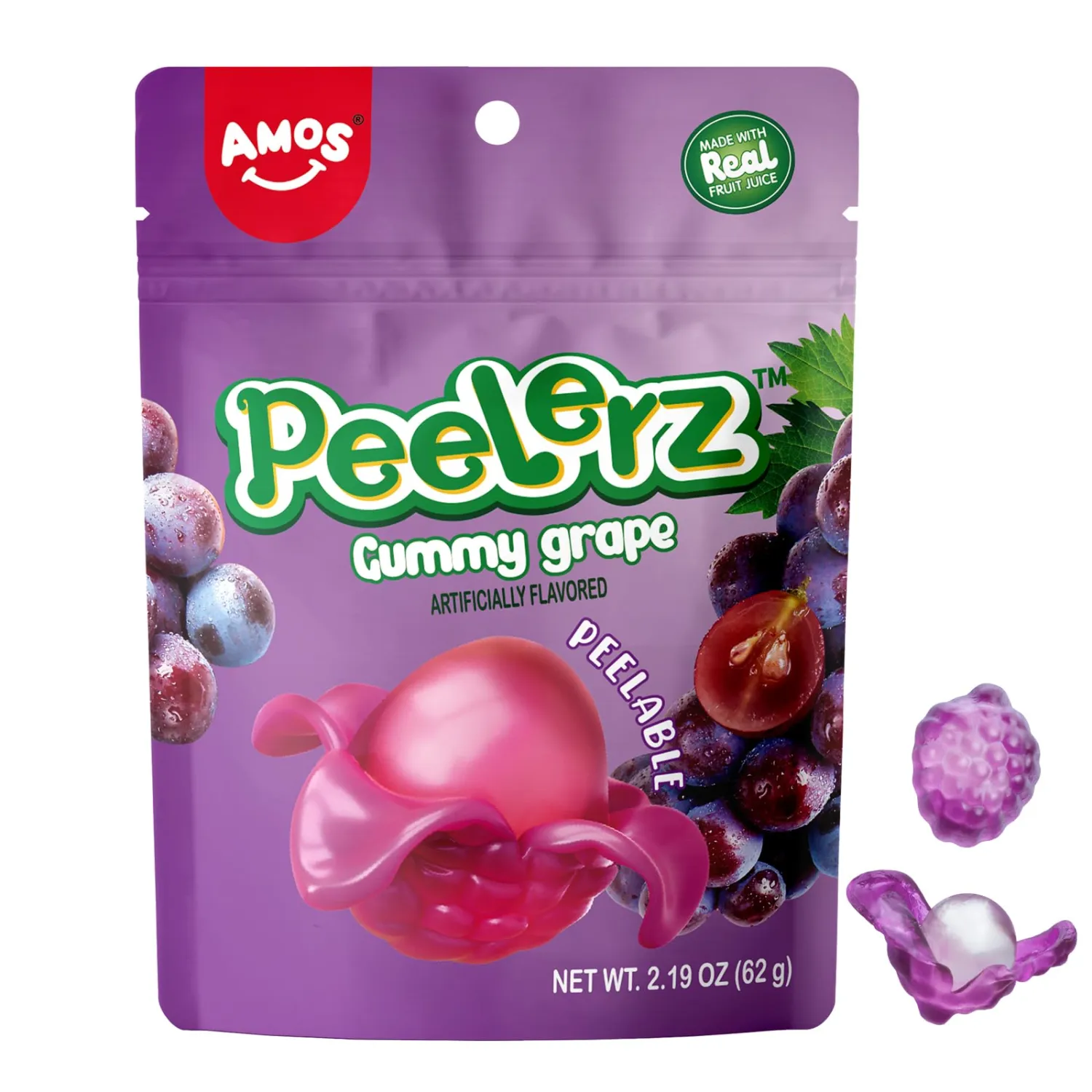 Amos Peelable Gummy Grape, Peelerz Gummy Grape Peeling Candy,Resealable 2.19oz Bag Fruit Gummies(Pack of 3)