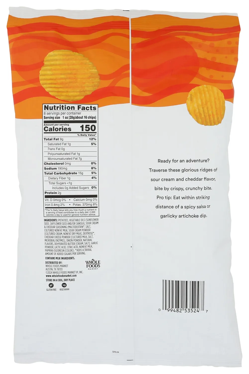 365 By Whole Foods Market, Potato Chips Rippled Cheddar & Sour Cream, 8 Ounce