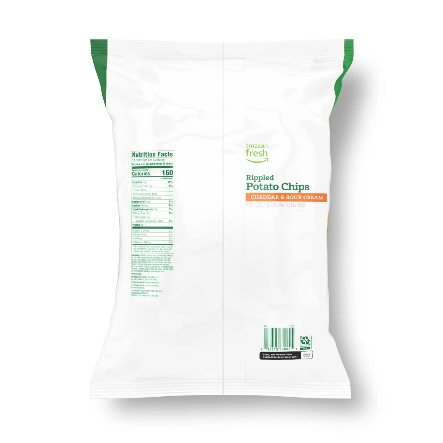 Amazon Fresh, Cheddar & Sour Cream Rippled Potato Chips, 11 Oz